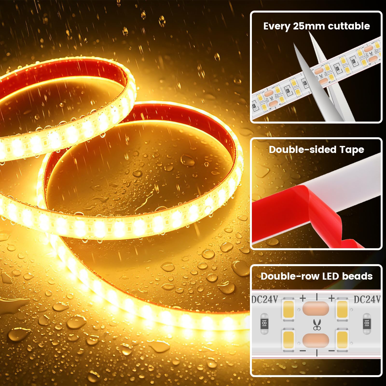 KISUFU 12V LED Streifen Licht, IP68 wasserdicht 2835 SMD 240 LEDs/m CRI90+ Selbstklebend LED Strip mit Stromversorgung für Schlafzimmer, DIY Küche Dekoration.