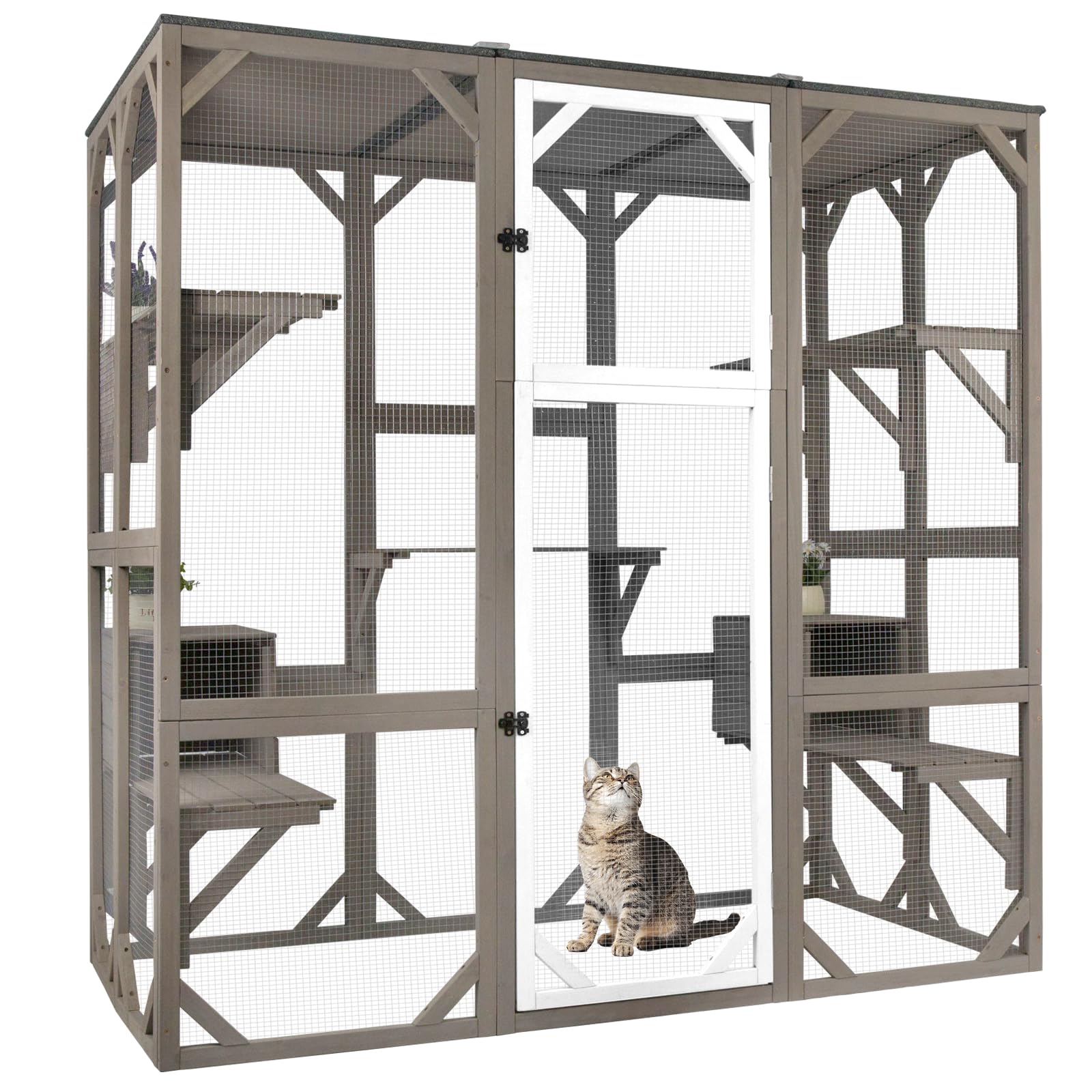 Outdoor Catio Cat Enclosure, Large Cat House with Multi-Level Platforms, Waterproof Roof, and Pull-Out Tray (71.45" L x 36.61" W x 70.86" H)