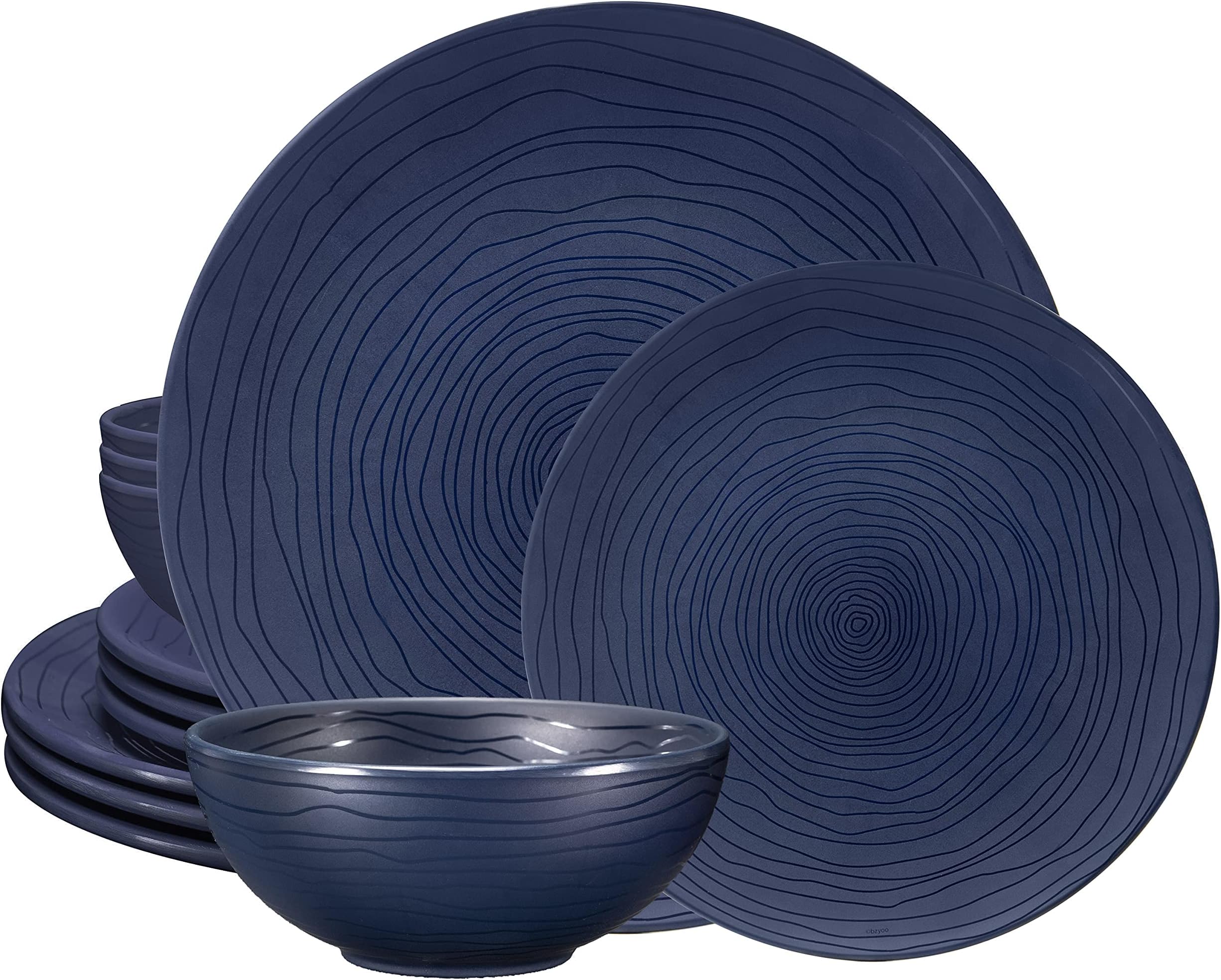 12 Piece Melamine Dinnerware Set - Durable, Dishwasher Safe, Organica Navy Blue Plates and Bowls Sets Casual Dish Set for Dining, Outdoor and Kitchen