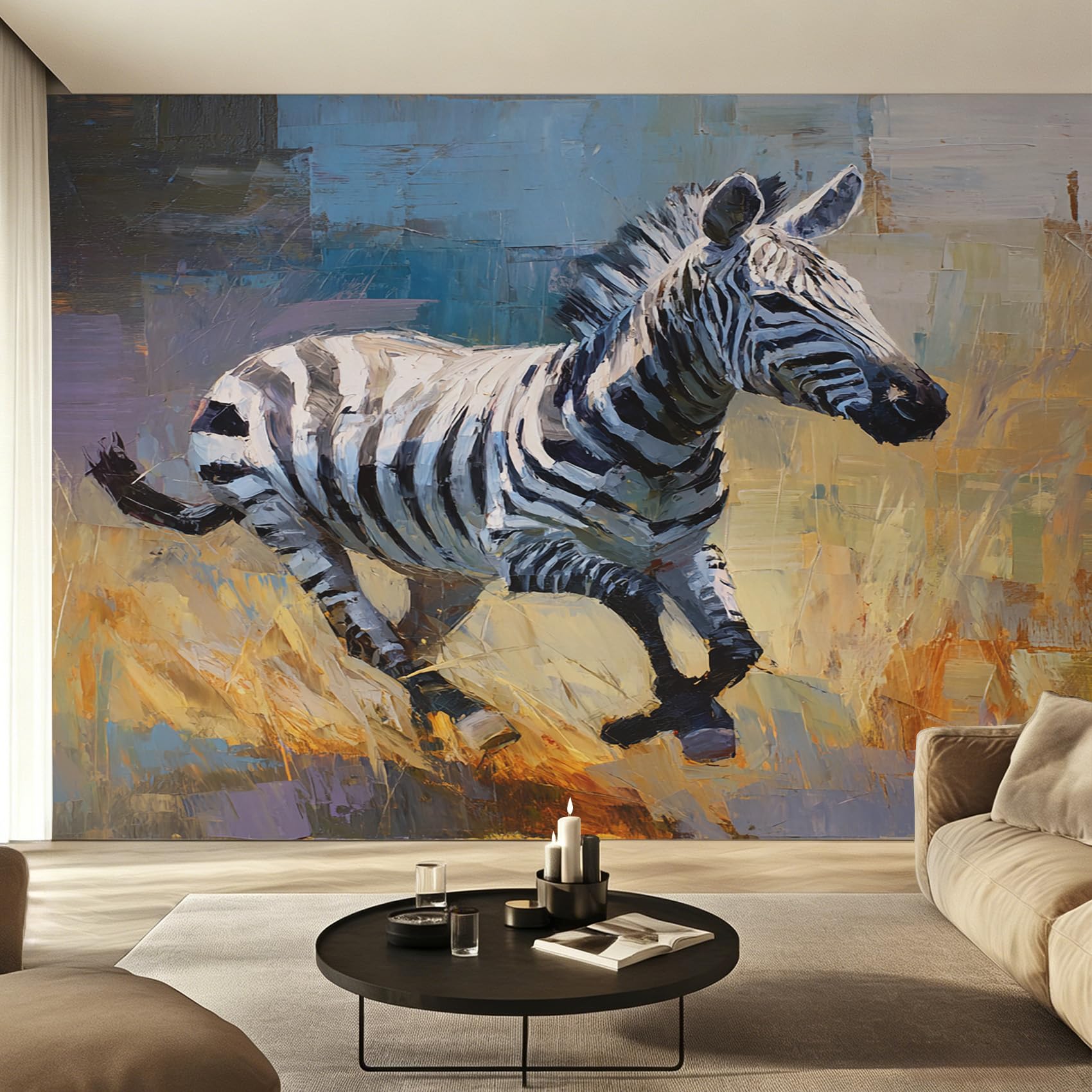Papier peint panoramique zèbre pour créer une ambiance safari chic dans votre salon