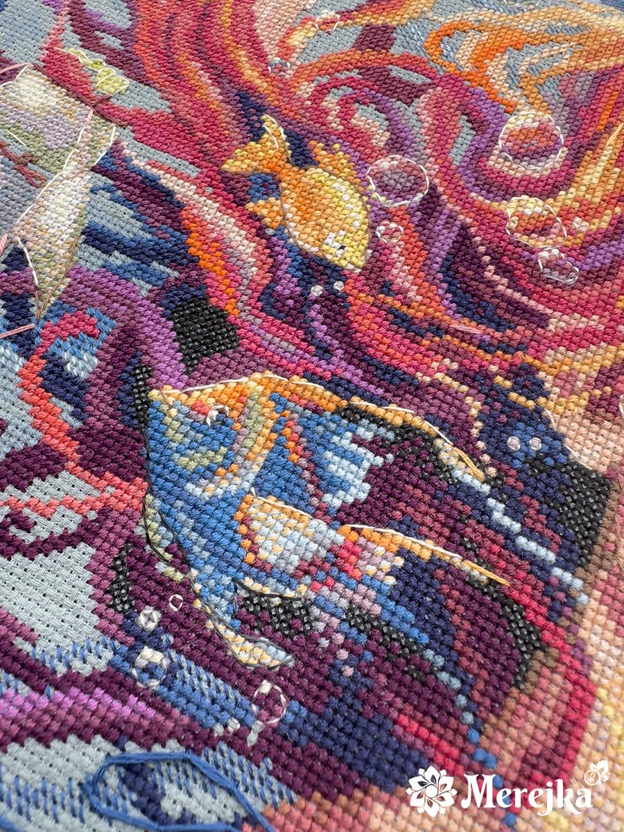Merejka Kit per punto croce numerato, K-275, acqua, 36,5 x 20 cm, dimensioni finite, kit completo da ricamo con tela Aida Zweigart, fili DMC, ago John James e motivo digitale Fantastitch