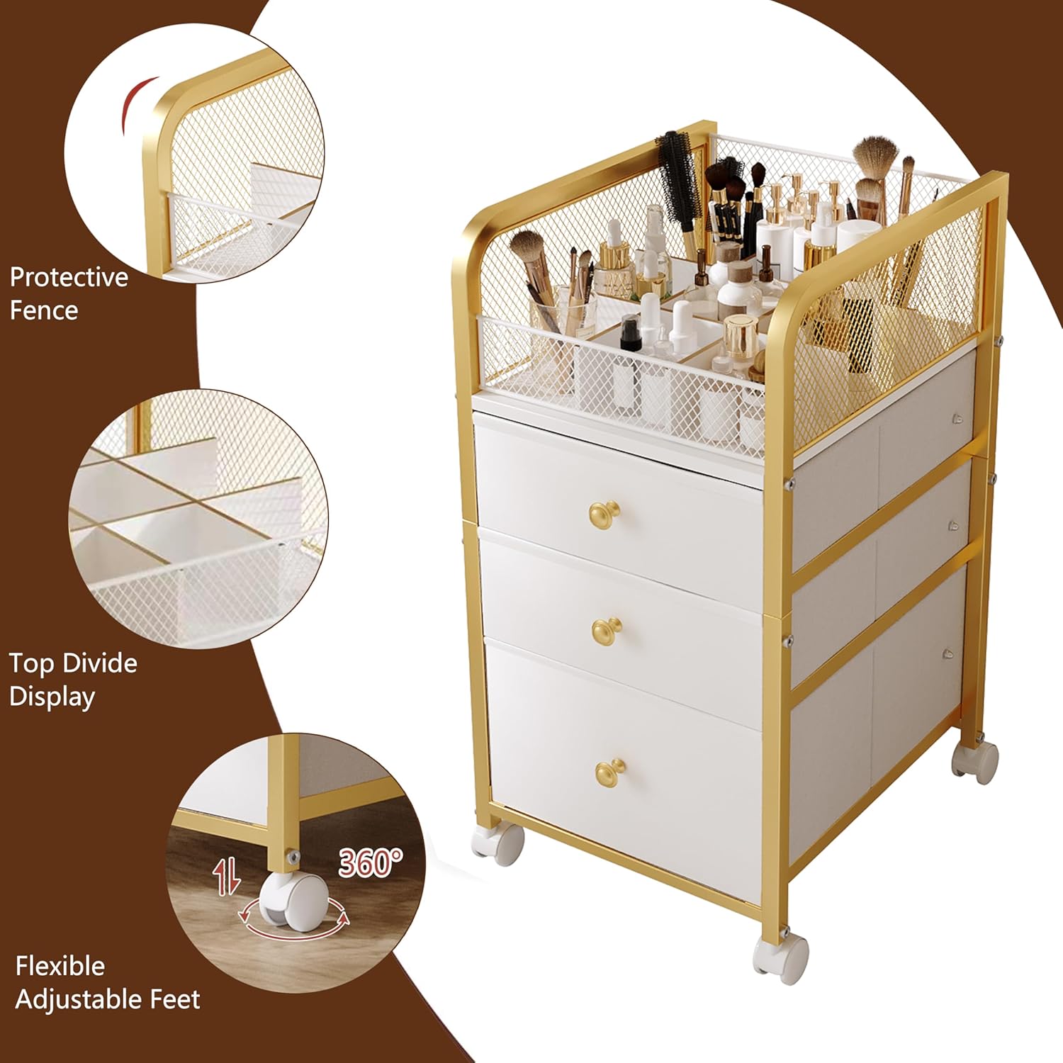 Rolling Makeup Vanity Cart, Makeup Organizer with Drawers, Bathroom Storage Cart, Under Desk Vanity Makeup Storage Cart with 3 Fabric Drawers for Nail Polish Brush Hair Tool (Gold)