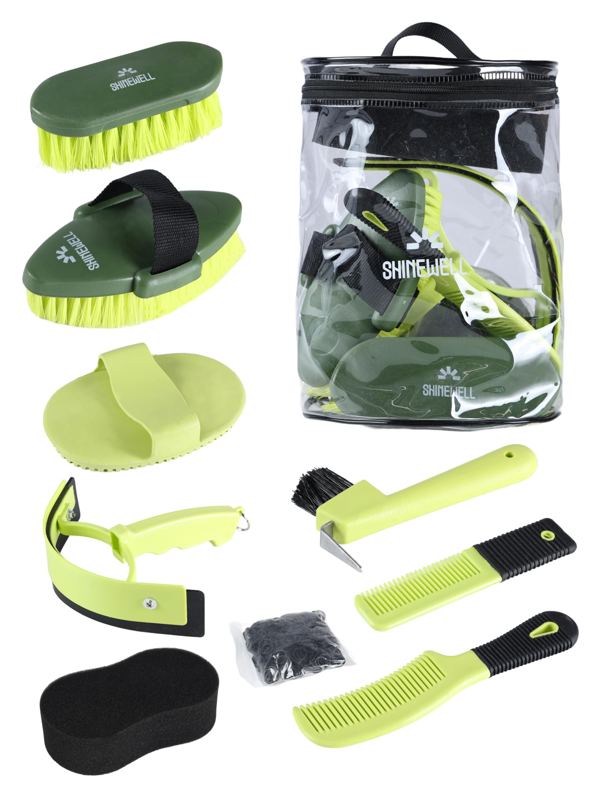 Shinewell Horse Grooming Brushes Kit 8 pieces with Organizer Bag Horse Grooming Care Series Horse Brush Sets Green