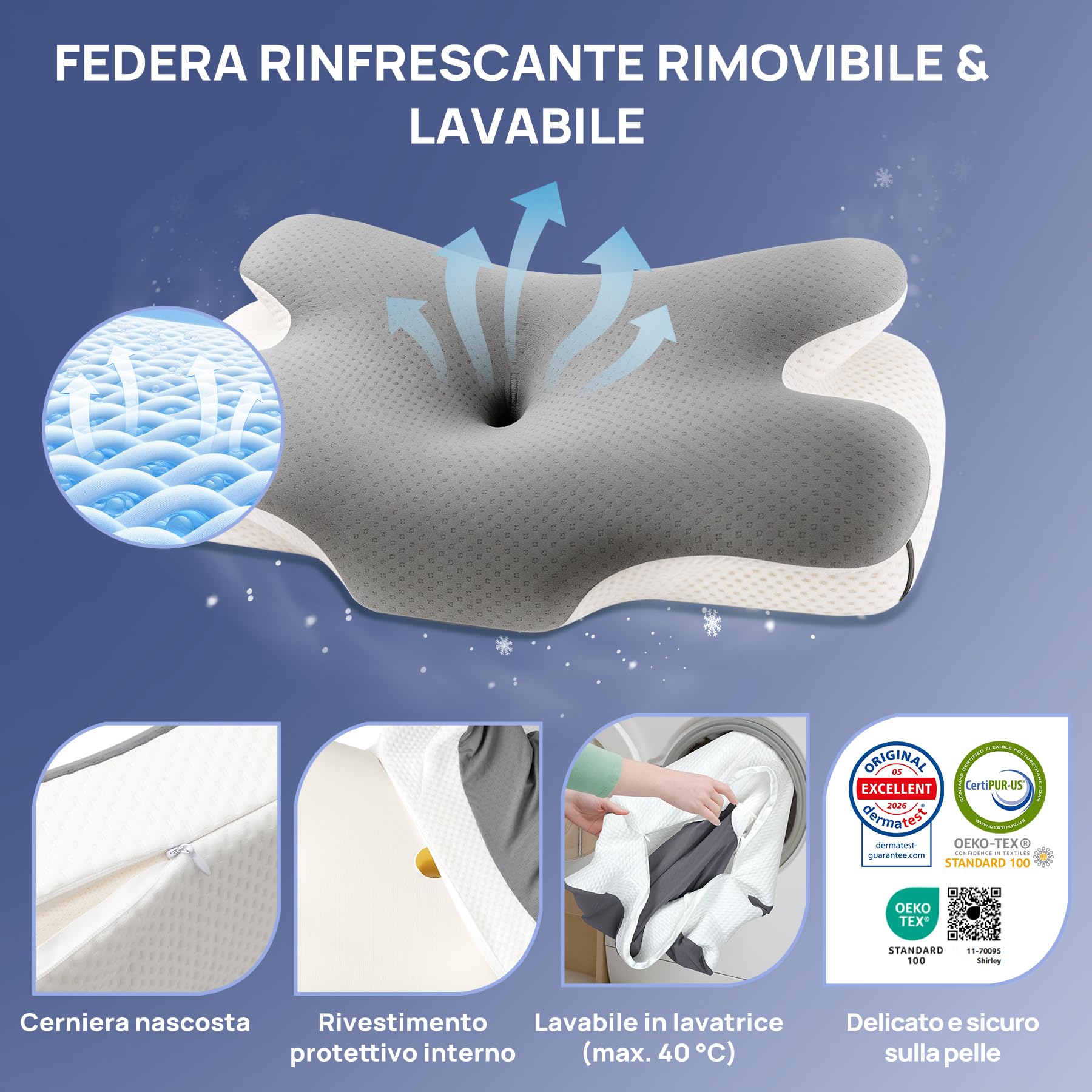 MULISOFT Cuscino Cervicale per Dormire, Cuscino Ergonomico in Memory Foam, 2 in 1 Cuscino a Farfalla Ideale per ogni Posizione del Sonno, Federa Sfoderabile e Lavabile, 67×36×10/12 cm, P-105 Grigio