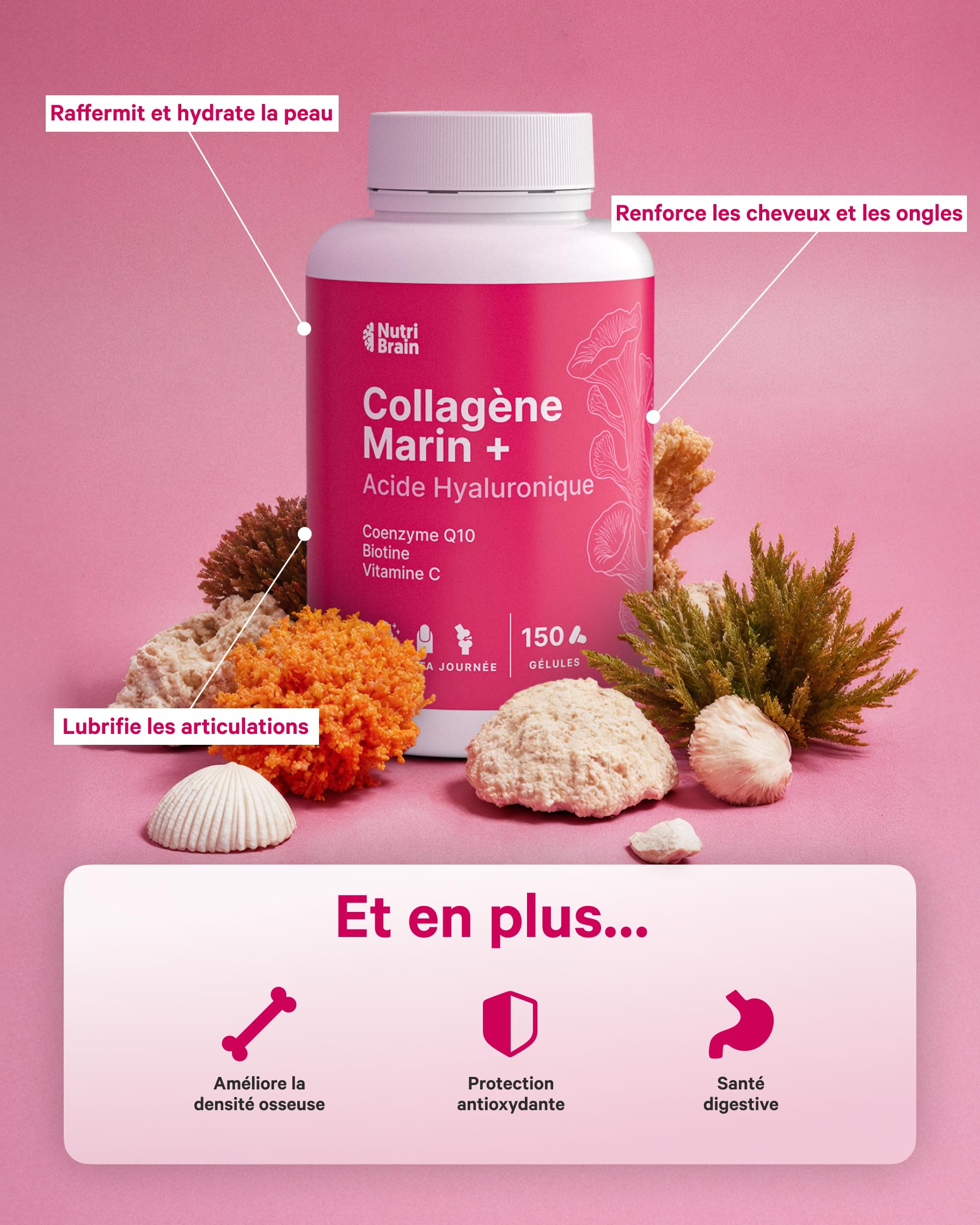 Collagène Marin Hydrolysé Pur + Acide Hyaluronique, Coenzyme Q10, Biotine & Vitamine C | 150 Gélules | Haute Biodisponibilité | 5 Mois | Peptides Type 1 | Peau, Cheveux, Ongles, Articulations
