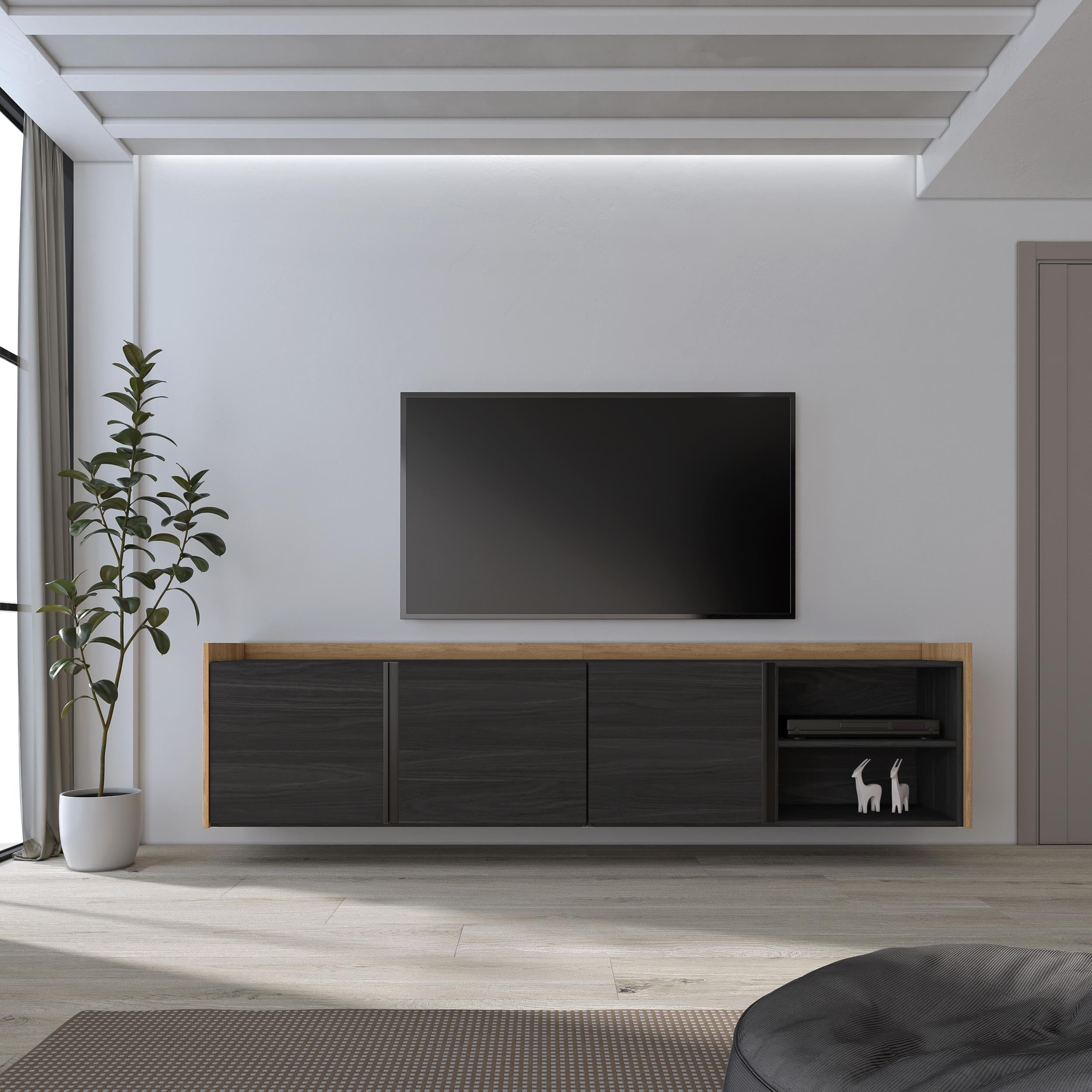 Skraut Home | Mobile TV Soggiorno | 207x50x35 cm | Nero e rovere | Ampio spazio a disposizione | Per TV fino a 80" | Sospeso, da appendere | Stile moderno