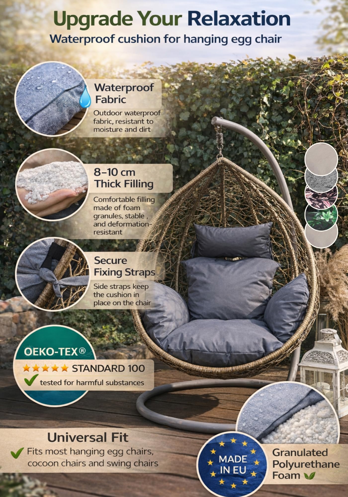 Hängesessel Kissen Outdoor – Auflage für Hängesessel, Hängekorb und Hängeschaukel, wetterfestes Sitzkissen für Gartenschaukel, weich und bequem