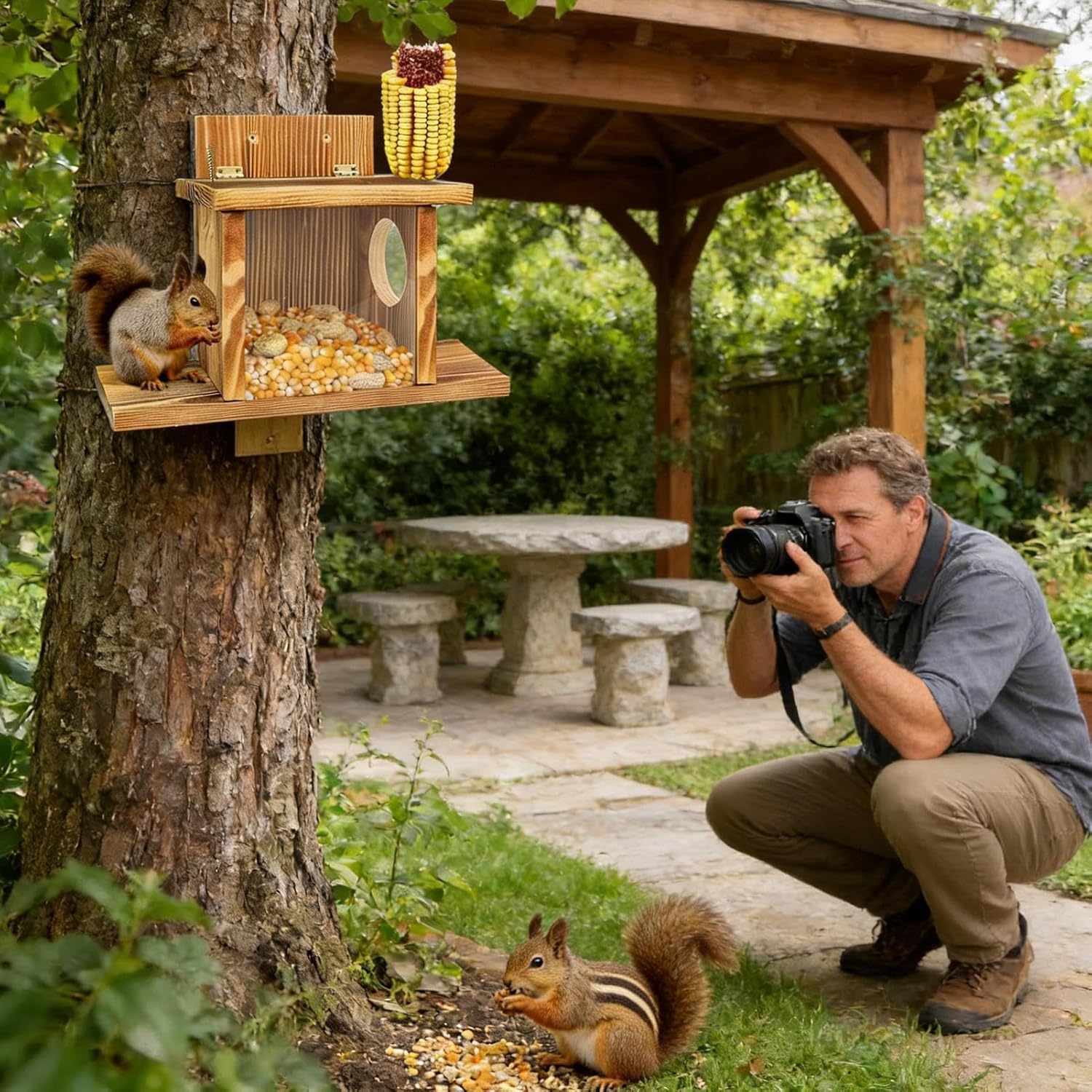 Squirrel Feeder - Wooden Weatherproof Heavy Duty, Outdoor Winter Squirrel Feeder House, Durable Natural Wood Feeding Shelter | for Nuts Chipmunk Garden Yard Balcony Tree Picnic Feeding Nesting