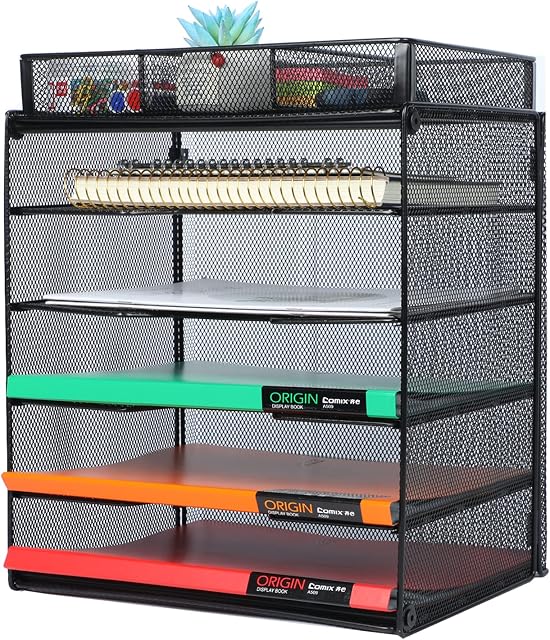 Samstar Letter Tray Organiser, Mesh Desk File Organiser Paper Sorter Holder 5-Tier with 1 Extra Drawer, Black 