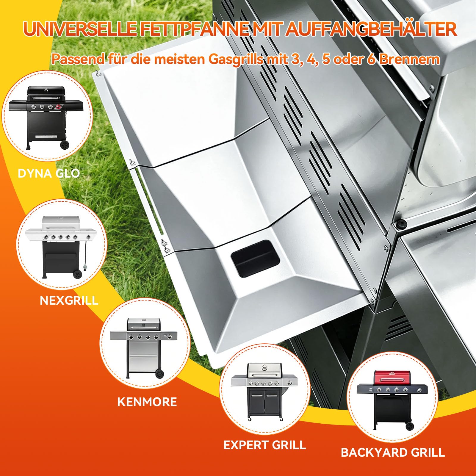 Universal Fettwanne mit Auffangwanne 60cm bis 80cm, Verstellbar Tropfpfanne für 3/4/5 Brenner Gasgrill von Charbroil, Dyna Glo, Nexgrill, Kenmore, Uniflame und mehr, Fettauffangschale