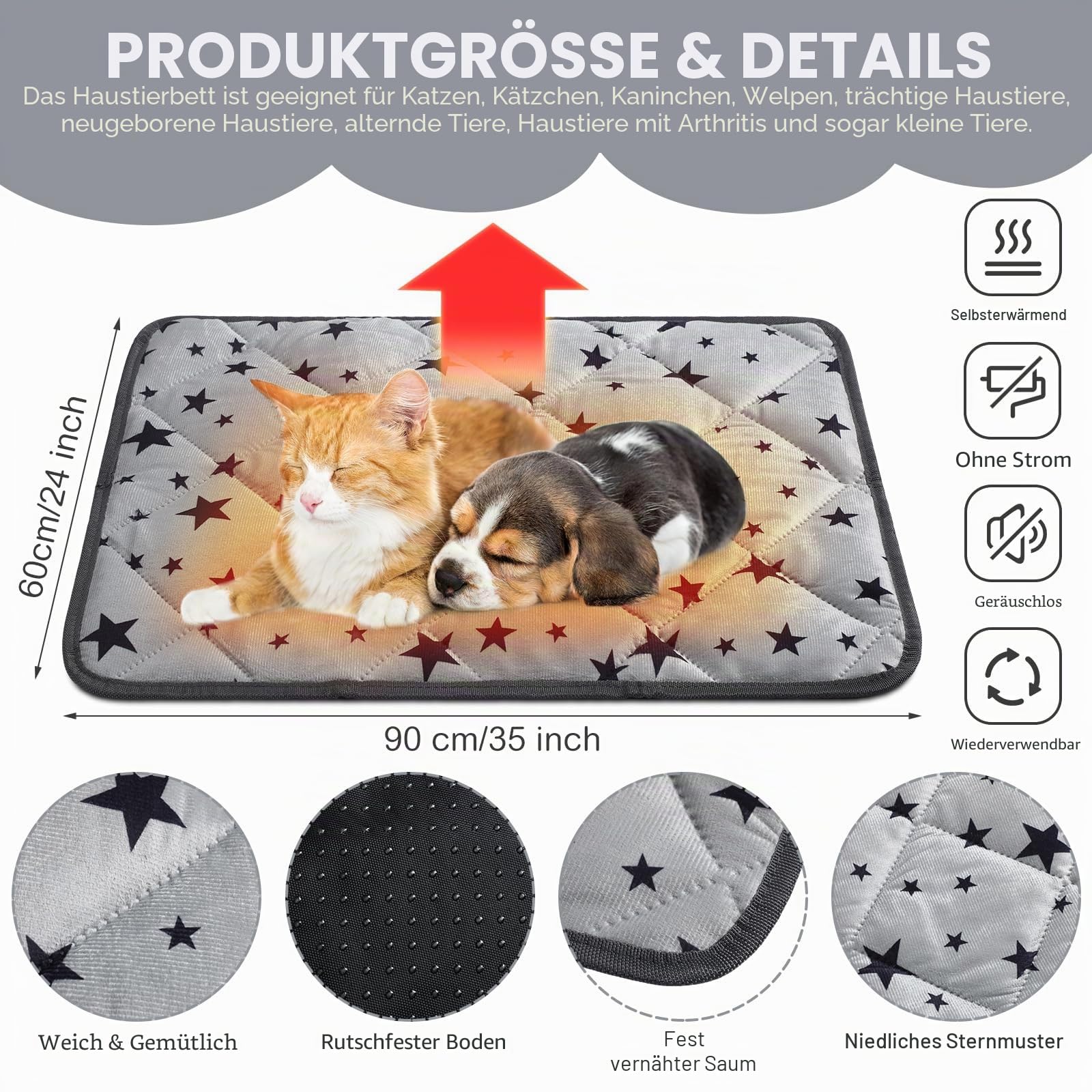 Namalu 4 Selbstwärmende Katzendecken Hundedecke mit Stern Muster Warme Weiche Decke für Haustier Waschbares Hundebett rutschfeste Decke für Outdoor Indoor (Rechteck, 60 x 90 cm)