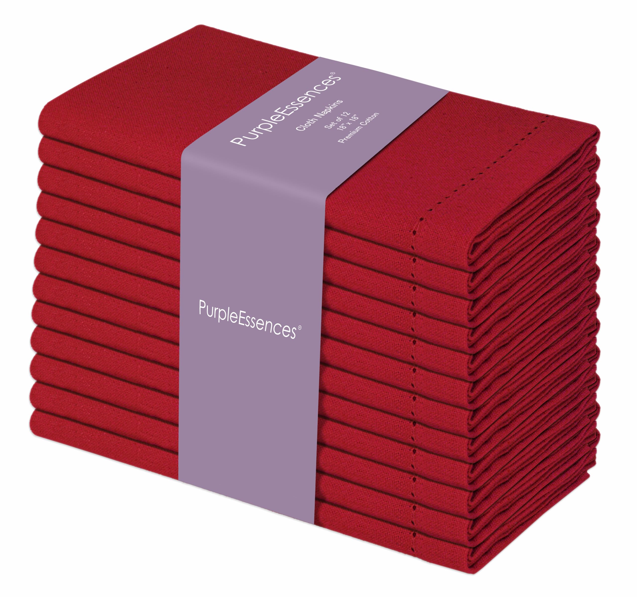 PurpleEssences Zestaw 12 serwetek obiadowych z tkaniny ściegowej, 100% bawełny, miękkie, trwałe, nadające się do prania, idealne na imprezy, ślub, Boże Narodzenie, Wielkanoc, idealne do codziennego użytku, lniane, serwetki, 45 x 45 cm, czerwone