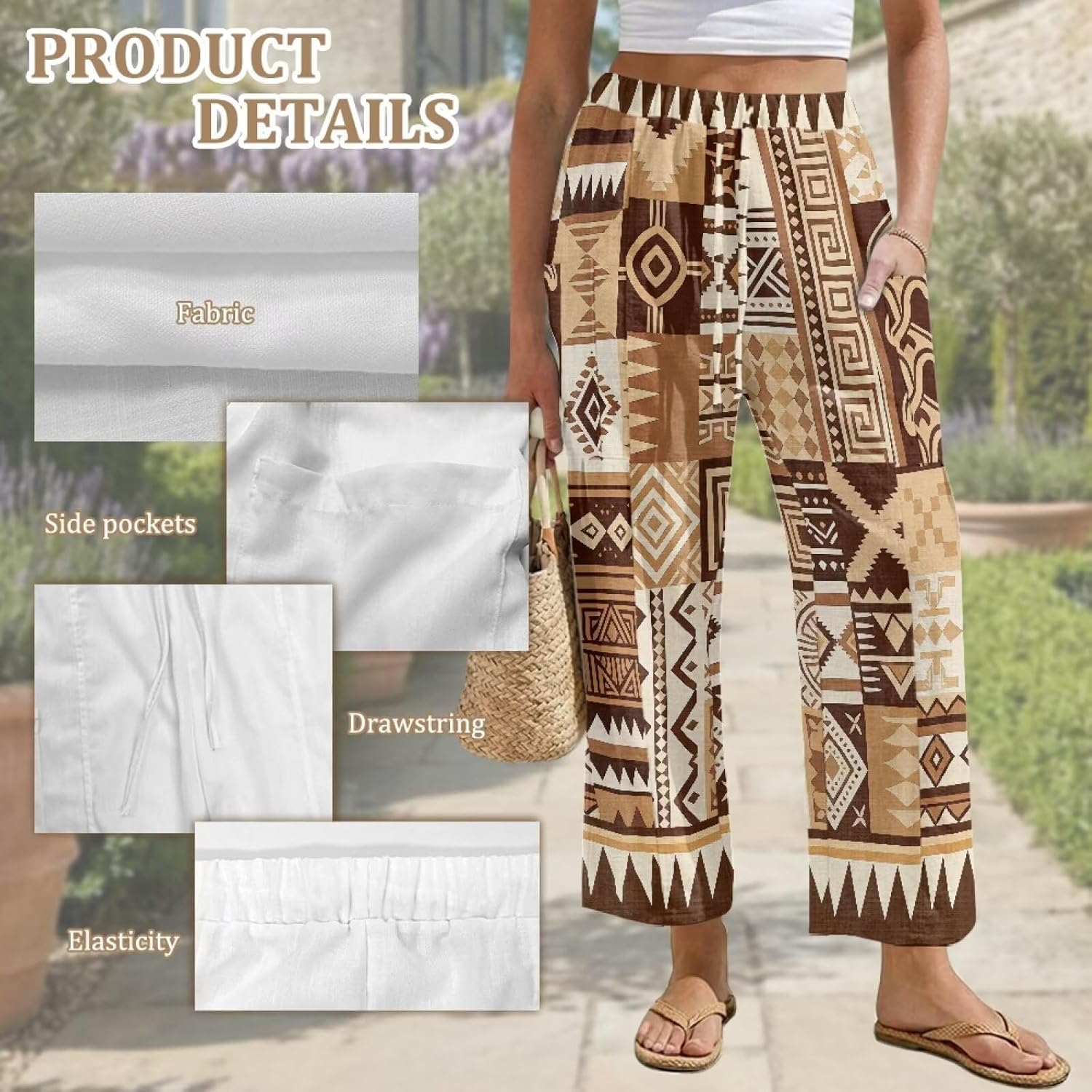 Wide Leg Linen Pants for Women, Octopus Shell Summer Trousers Adjustable Drawstring Lounge Flowy Pants with Pockets