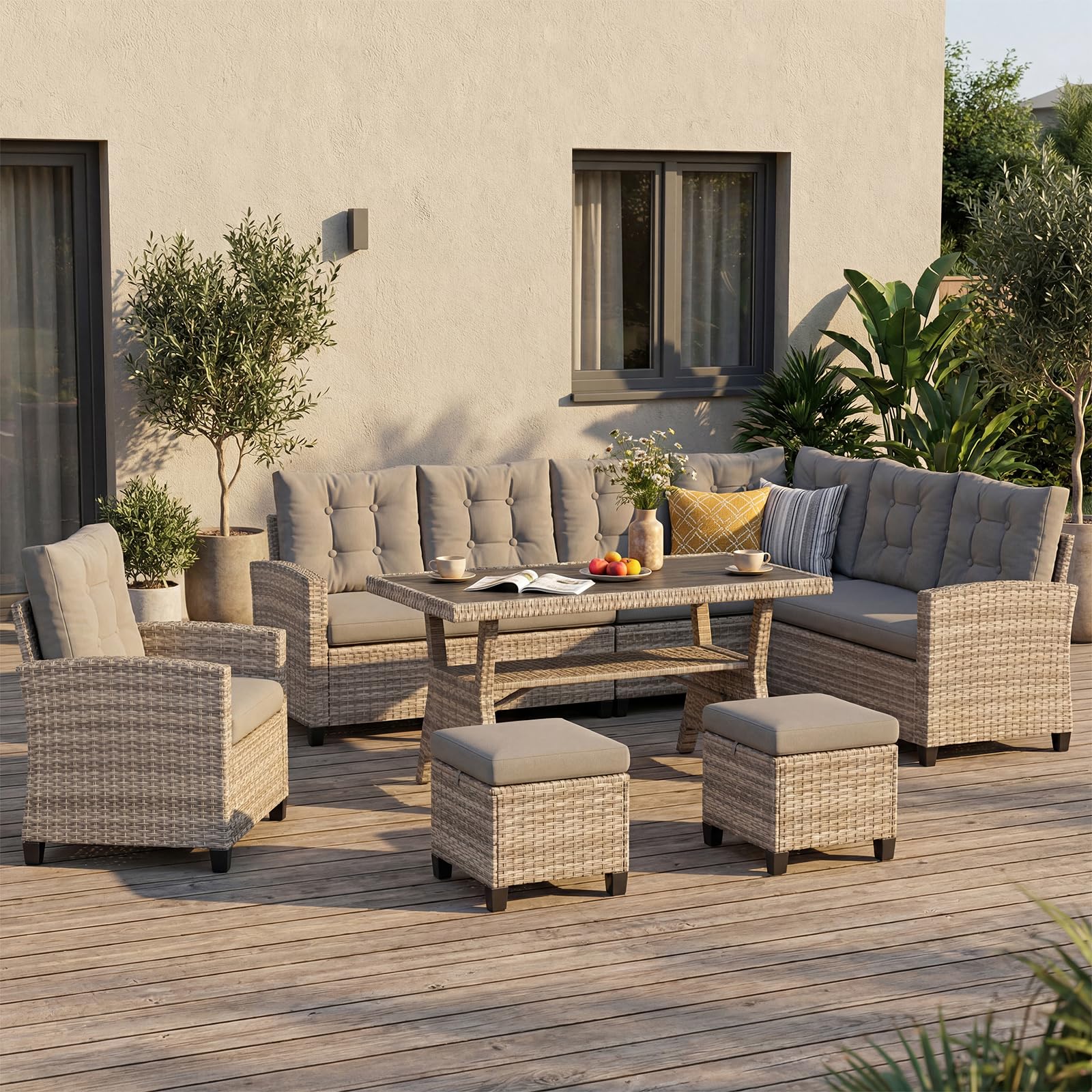 UDPATIO Rattan Gartenmöbel Set, Lounge Ecksofa mit Esstisch, Sessel & 2 Hocker, Wetterfest bis 8 Personen, Lounge Möbel Outdoor, Balkonmöbel, Terassenmöbel für Terrasse/Balkon/Garten, Grau