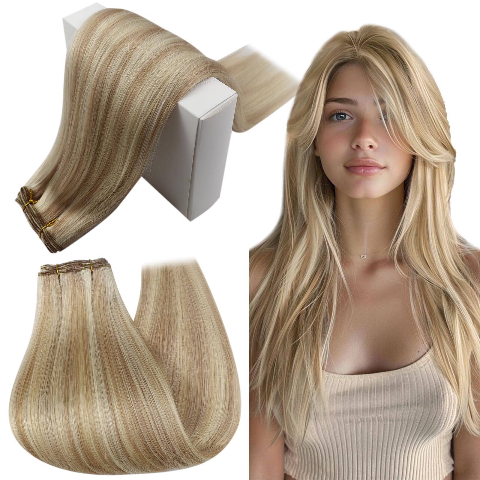 RUNATURE 22 Inch Weft Hair Extensions Real Human Hair Ash Blonde with Platinum Blonde Double Weft Sew in Hair Extensions Human Hair One Piece for Daily Wedding Use 100g/pack #P18/60