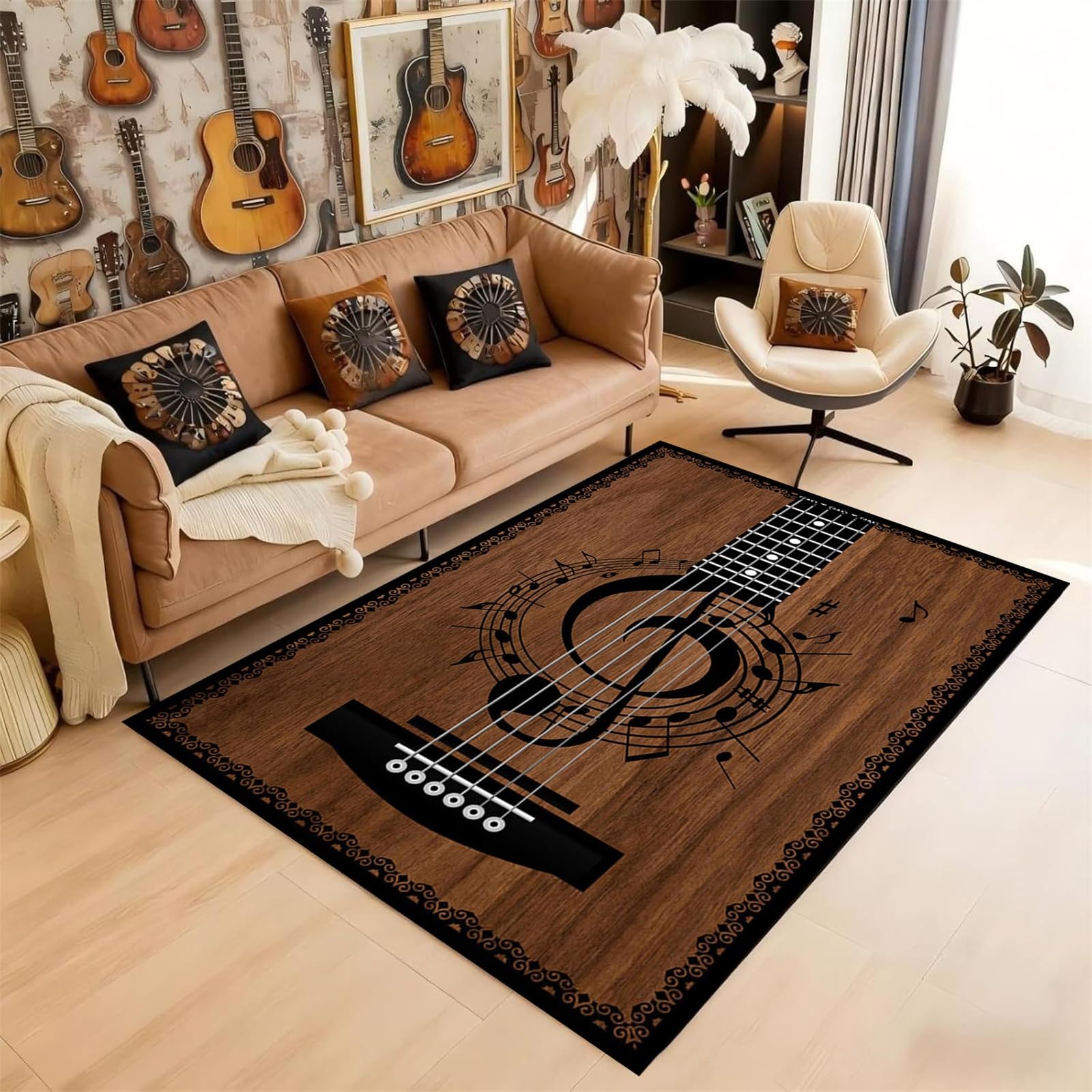 HONGXIU 60x110cm Music Area Carpet Vintage Wooden Guitar Music Lovers Black Note Rug, Anti-Slip Noise Reduction Machine Washable Durable Rug for Music Room Living Room Bedroom Office Home Decor