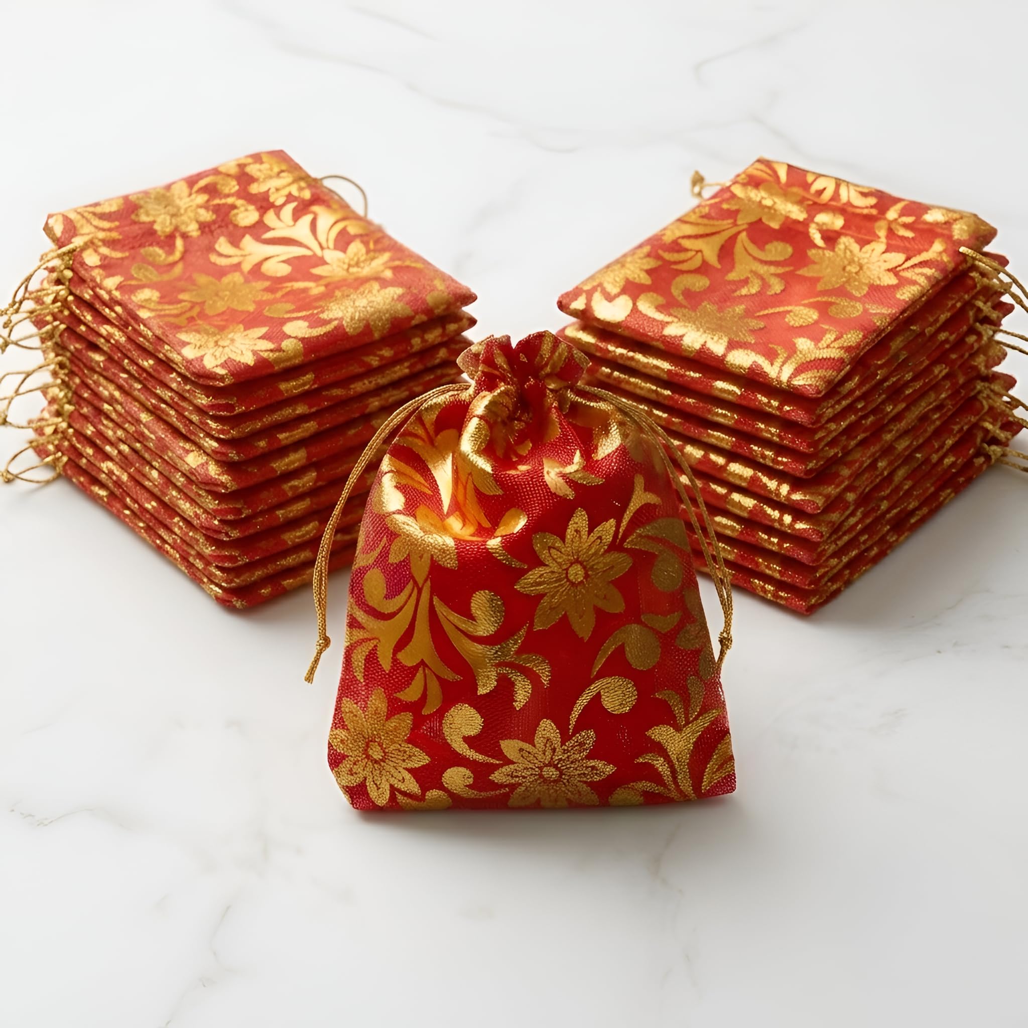25 Pcs Oreayu Bags (9.5cm X 13 cm), Net Fabric Drawstring Pouch for Git Packing, Dry Fruits Packing, Shagun Potli, Wedding,Gold or Silver Coins, Festival Gift Bags Red Colour Pouches-image-11