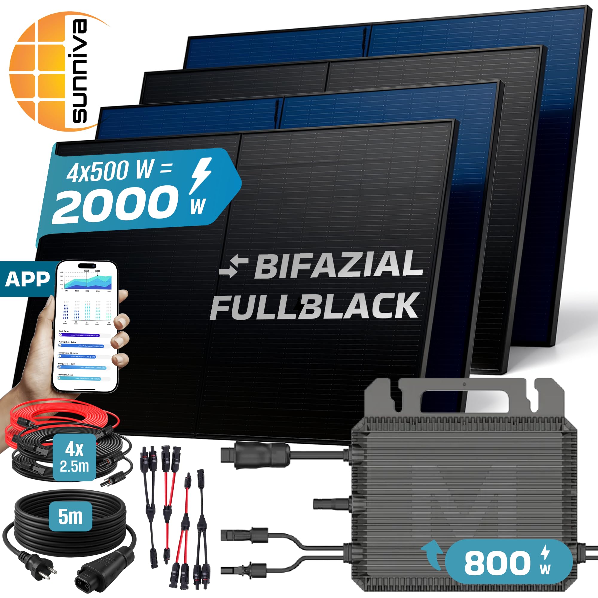 SUNNIVA 2000W Balkonkraftwerk BIFAZIAL FULLBLACK komplett Steckdose MARSTEK 800W Wechselrichter, PV Solaranlage, 4x 500W Glas Solarmodule, inkl. 5m Kabel, Bluetooth WIFI, Komplettset