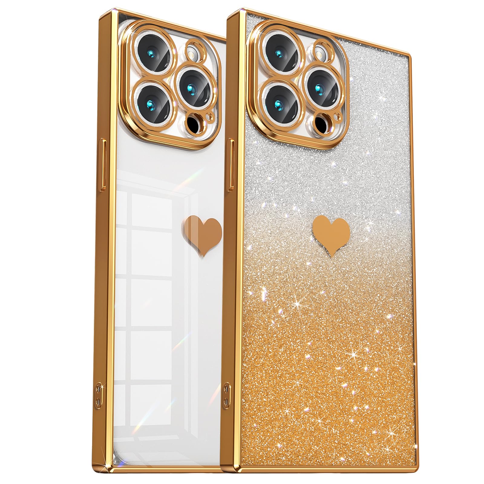 Tzomsze Compatible with Square iPhone 15 Pro Max Case Glitter,Clear&Sparkle with Cute Heart Pattern,Full Lens Protection&Reinforced Corners Shockproof Edge Case[6.7 inches]-Gradient Gold