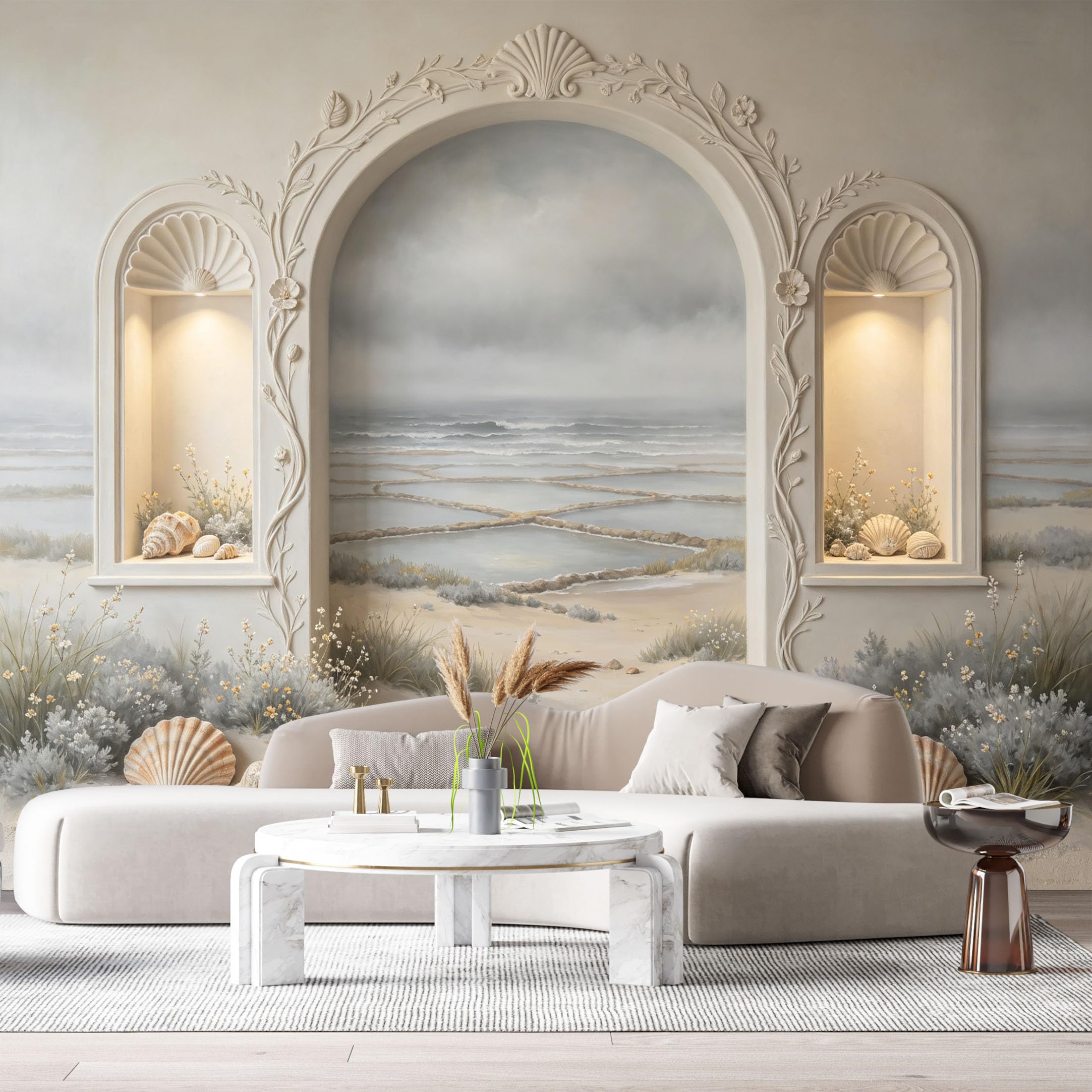 Custom Size Wall Murals Coastal Archway Seascape Shells 3D Trompe L'Oeil SelfAdhesiveWall Fabric Removable Wallpaper Wall Decor for Living Room Bedroom Bathroom
