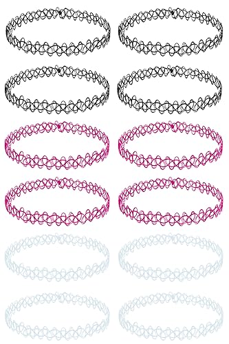 BodyJ4You 12PC Tattoo Choker Necklace - 90s Accessories 2000s Jewelry Y2K Fashion Vintage Trendy - Pink Blue Green Colorful Rainbow Goth Black - Stretchy Elastic Necklace - Black, Pink, Clear