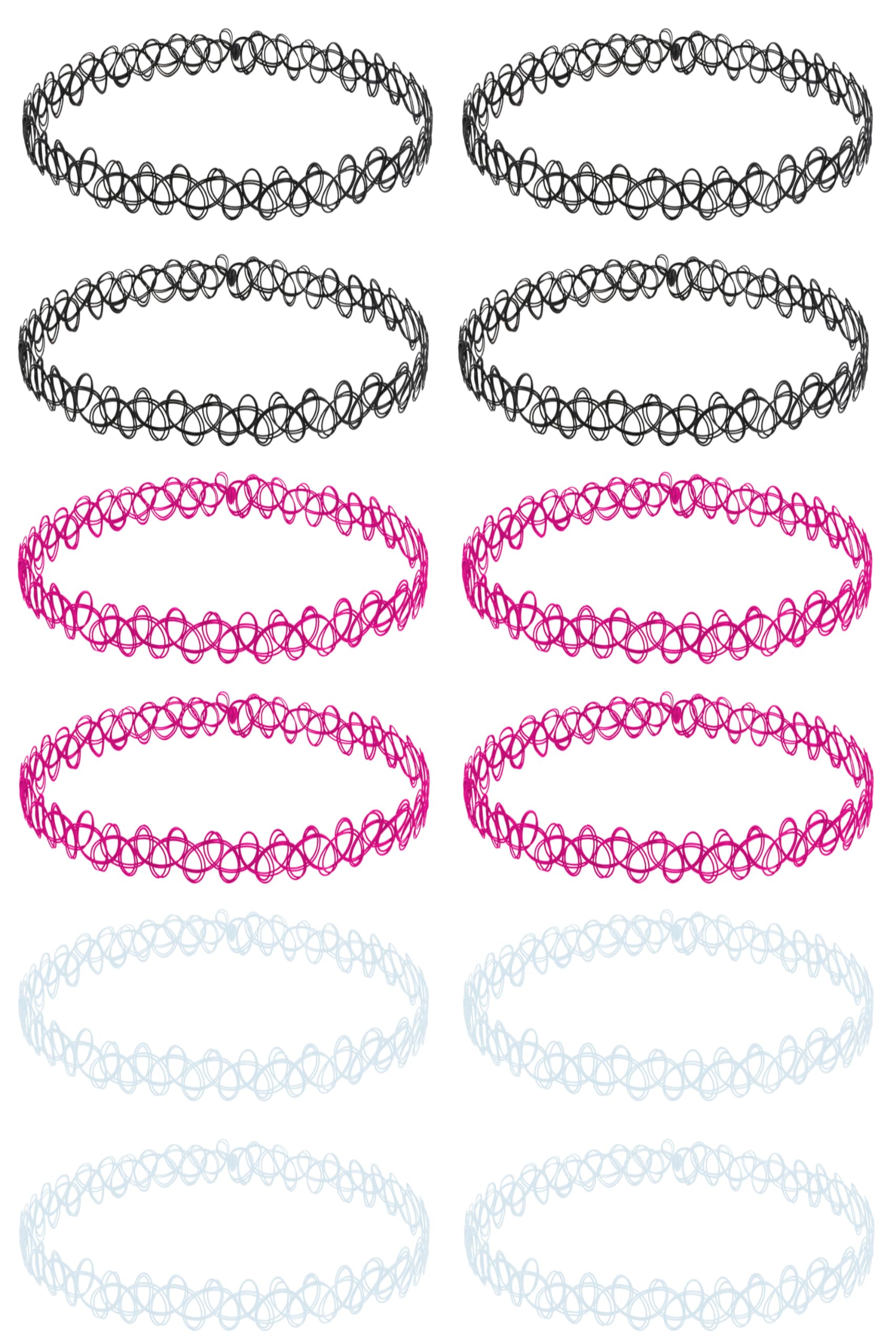 BodyJ4You 12PC Tattoo Choker Necklace - 90s Accessories 2000s Jewelry Y2K Fashion Vintage Trendy - Rainbow Goth Pink Green Blue White - Adjustable Stretchy Elastic Necklace Summer Vacation Set: Black, Pink, Clear