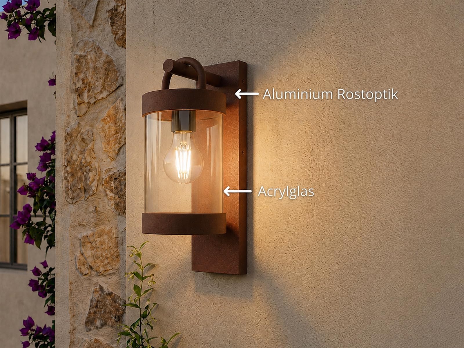 Lanterne murale extérieure en aluminium aspect rouille avec capteur crépusculaire, hauteur 33 cm