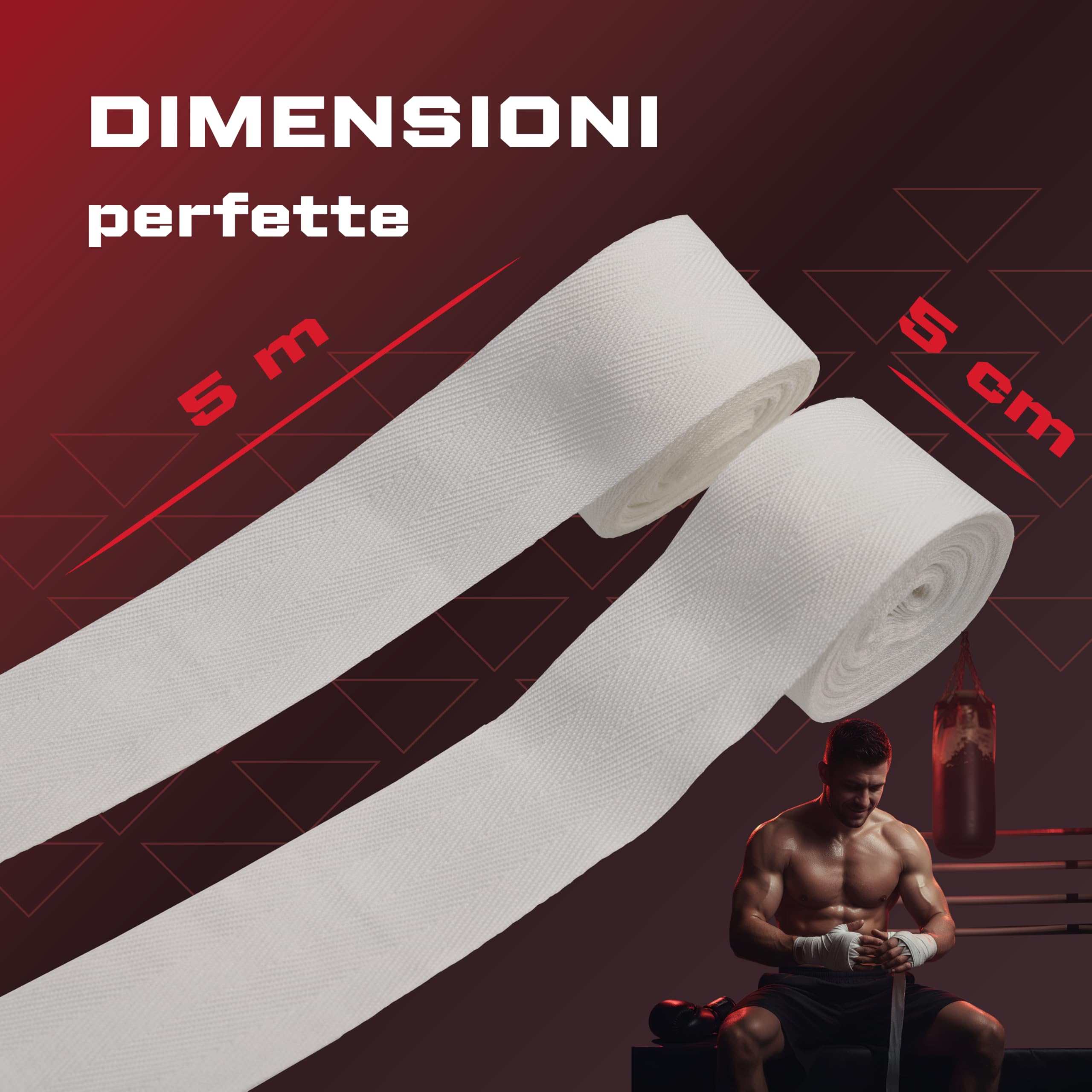 Fasce Boxe 5 Metri Bianche – Bendaggi da Pugilato Elastici con Asola per Pollice e Chiusura a Strappo, Set 2 Pezzi