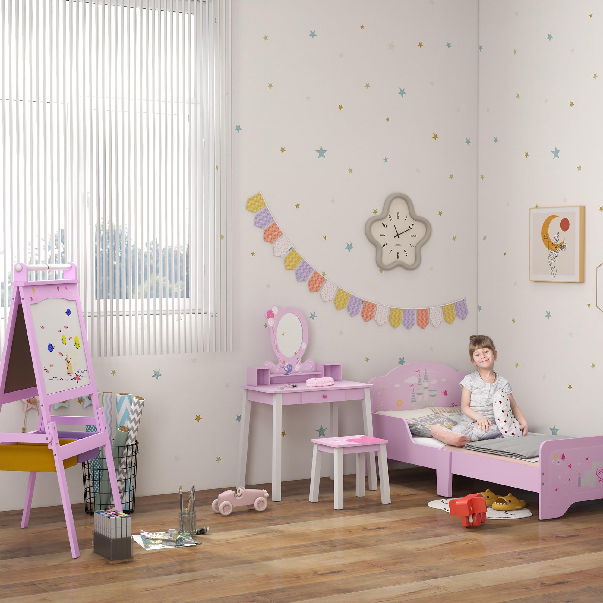 HOMCOM Set Mobili Cameretta con Letto per Bambini 3 in 1 in Legno Rosa