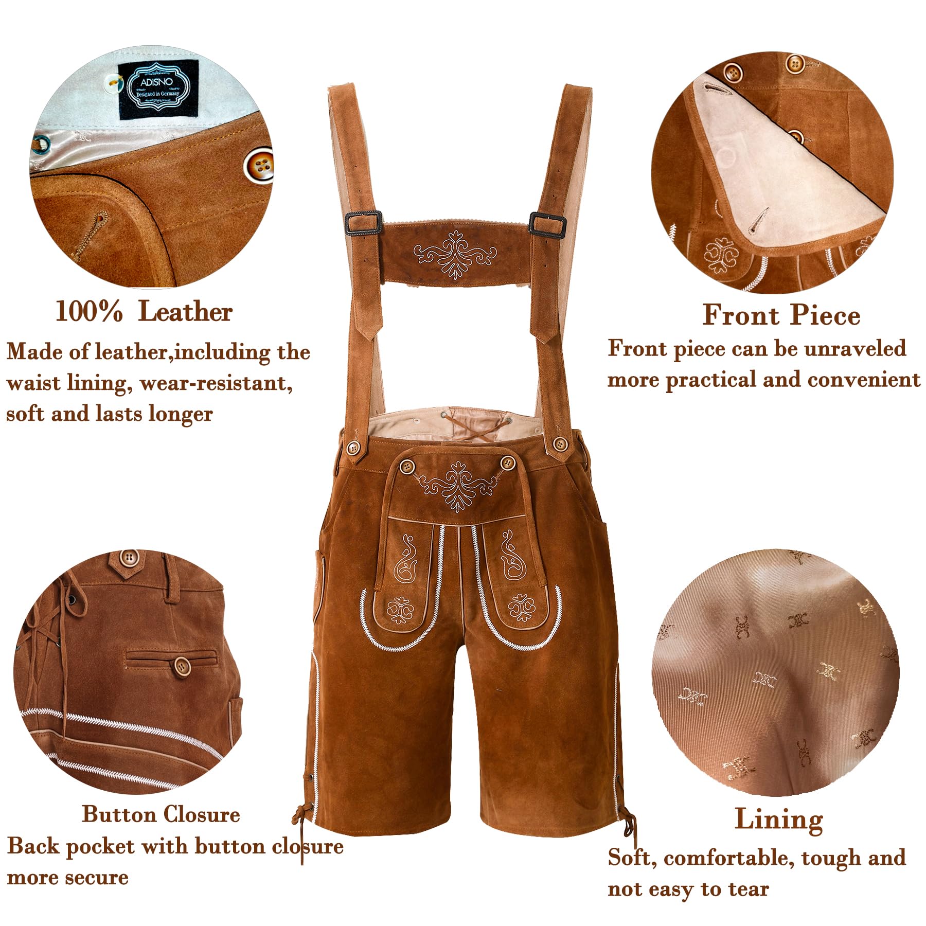 Adisno Lederhosen Men,Oktoberfest Outfit Mens,Oktoberfest Costume Lederhosen Men,100% Cow Suede Leather(Brown, 56) - Image 3