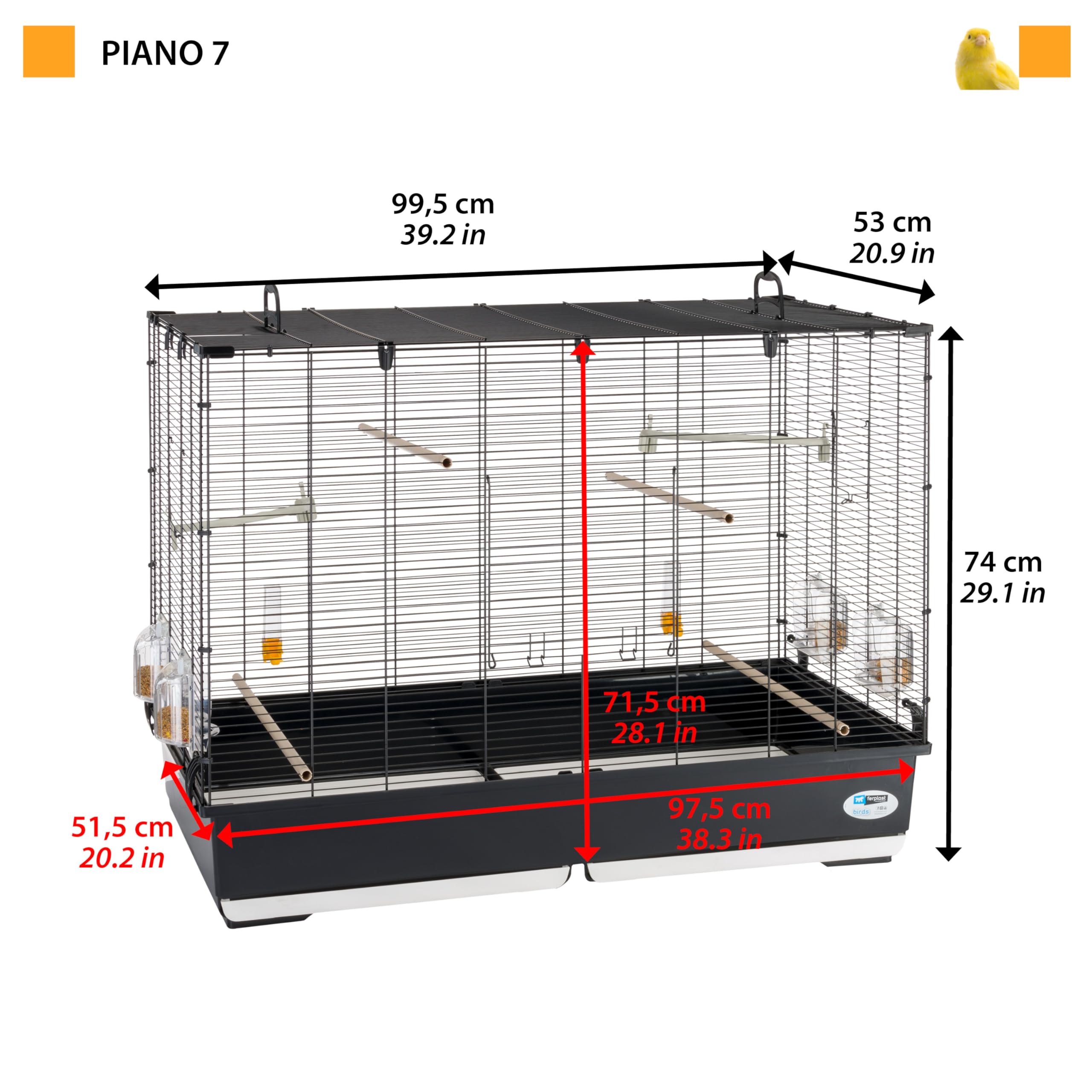 Ferplast Jaula para Pájaros, Aviario Piano 7 Jaula Grande Pájaros, Canarios, Periquitos, Cotorras, Agapornis, de Metal, Todos los Accesorios Comedero Perchas 99.5 x 53 x h 74 cm.