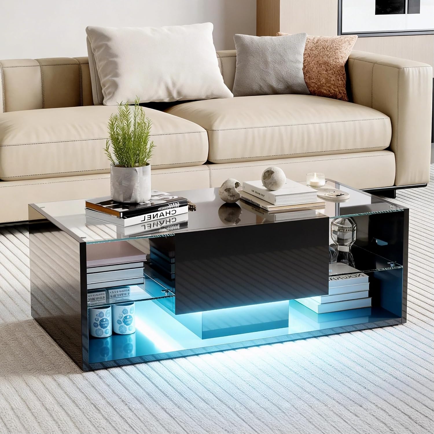 BRILVERDE High Gloss Coffee Table Living Room Table with LED and Drawers Modern Black Sofa Table with Storage Space Side Table with 2 Glass Shelves for Living Room Black 100 x 50 x 35 cm