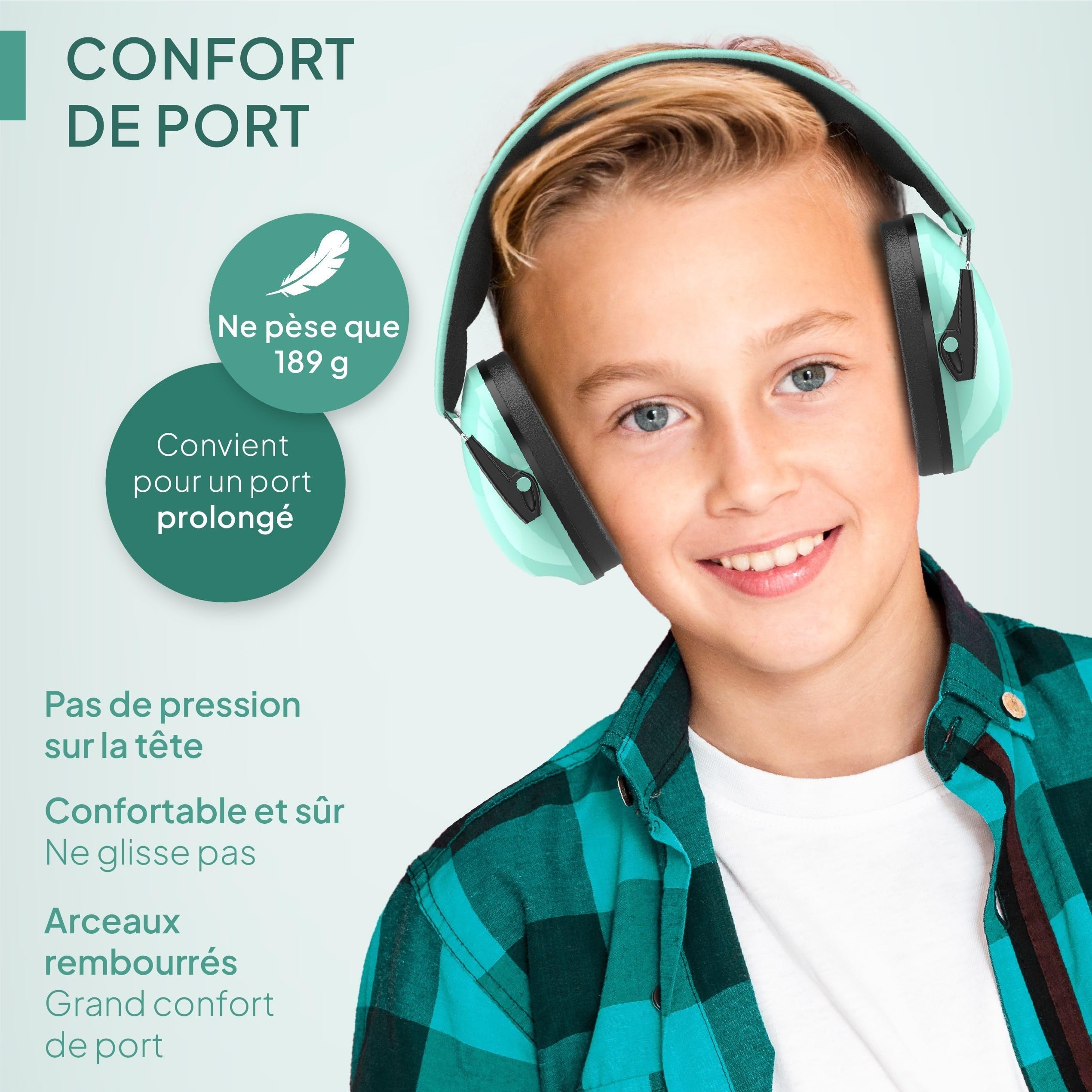 Senner ® KidsPro | Protection auditive enfants - Casque antibruit avec un SNR élevé de 28 dB - jusqu'à 12 ans - évolutif - Protège-oreilles pour enfants - Turquoise