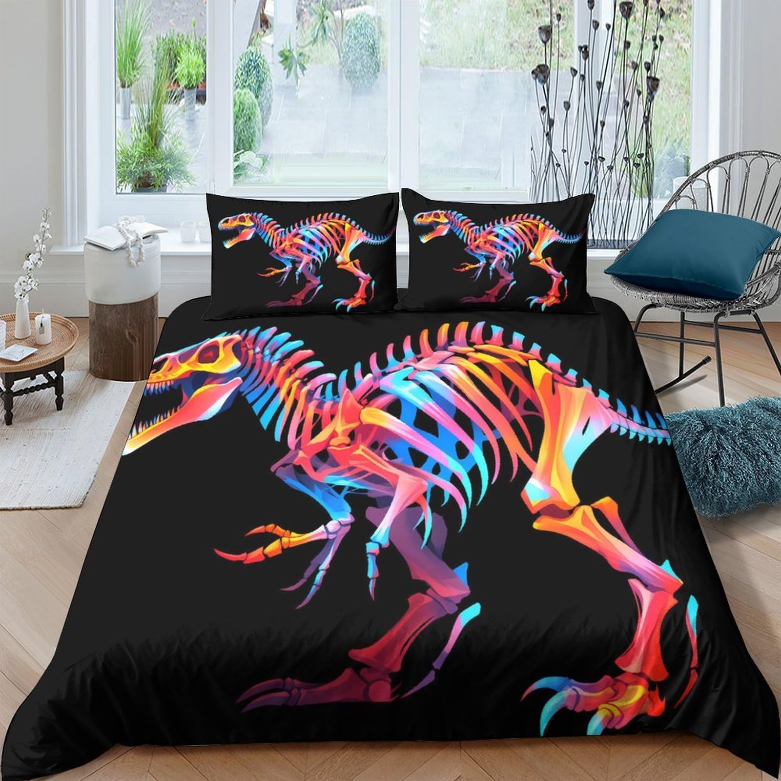 GPLZQXKJNH 3D Printed Colorful Dinosaur Skeleton Duvet Cover Microfiber Soft Breathable Neon Fossil Bedding Set with 2 Pillowcases for Bedroom Decor Single（135x200cm）