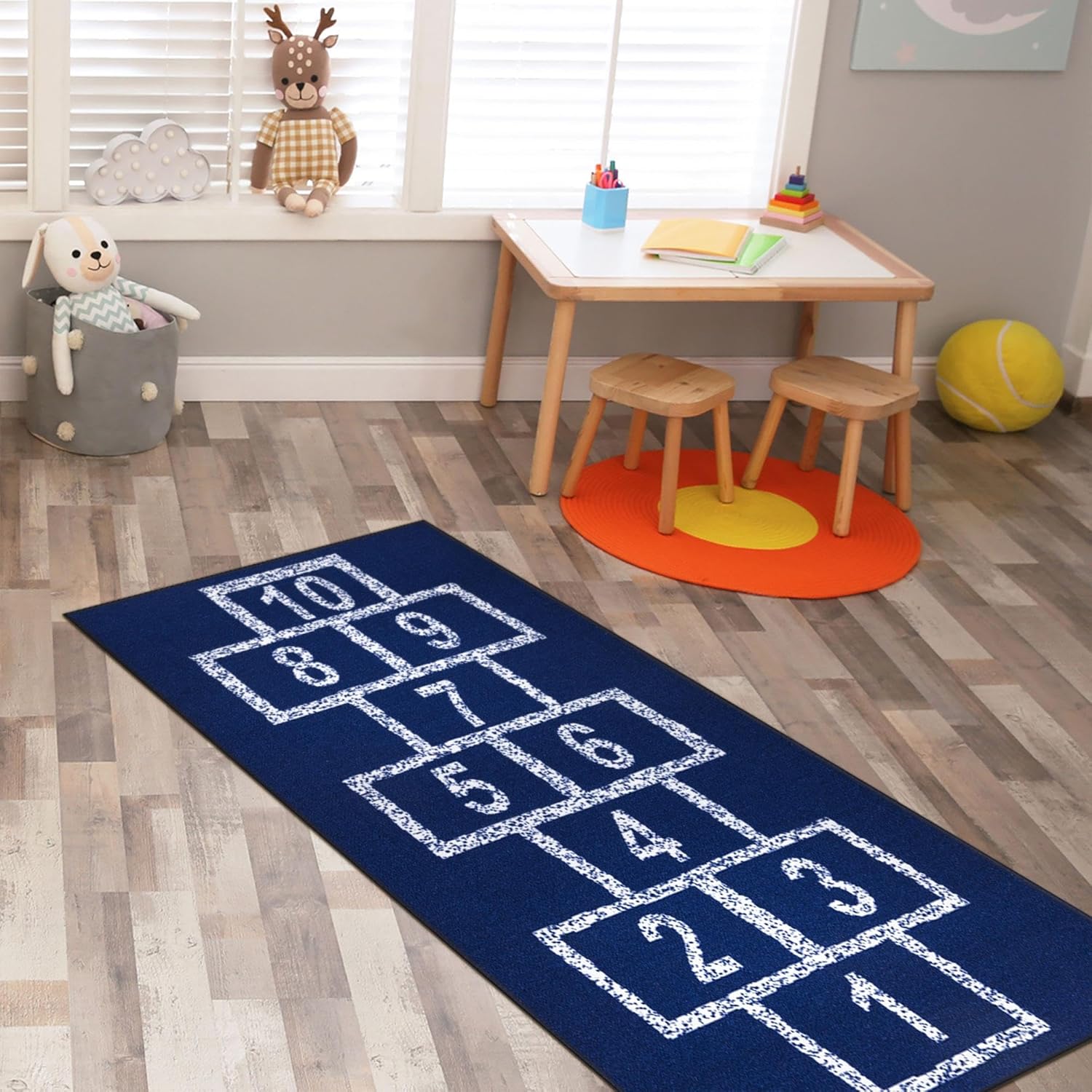 Ottomanson Machine Washable Hopscotch Design Non-Slip Rubberback 3x6 Kid's Area Rug for Playroom, Kid's Room, Bedroom, 2'7" x 6', Navy Hopscotch Navy/White Runner - 2'7" x 6'