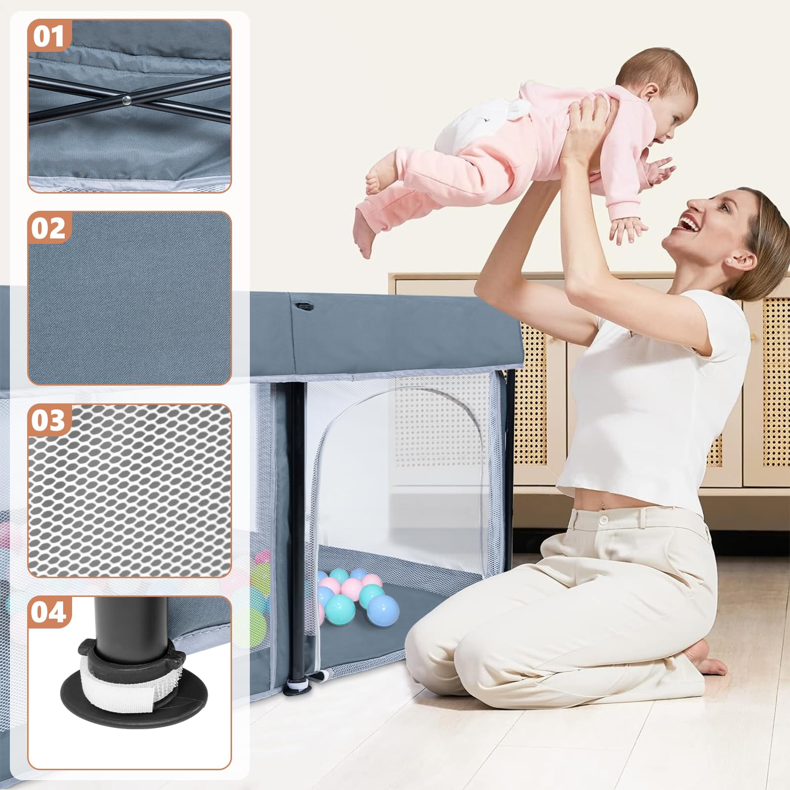 OUUTMEE Box per bambini, 127 x 127 cm, pieghevole, recinzione da gioco per bambini, 150D, Oxford, per interni ed esterni, con custodia, Playpen (grigio scuro)
