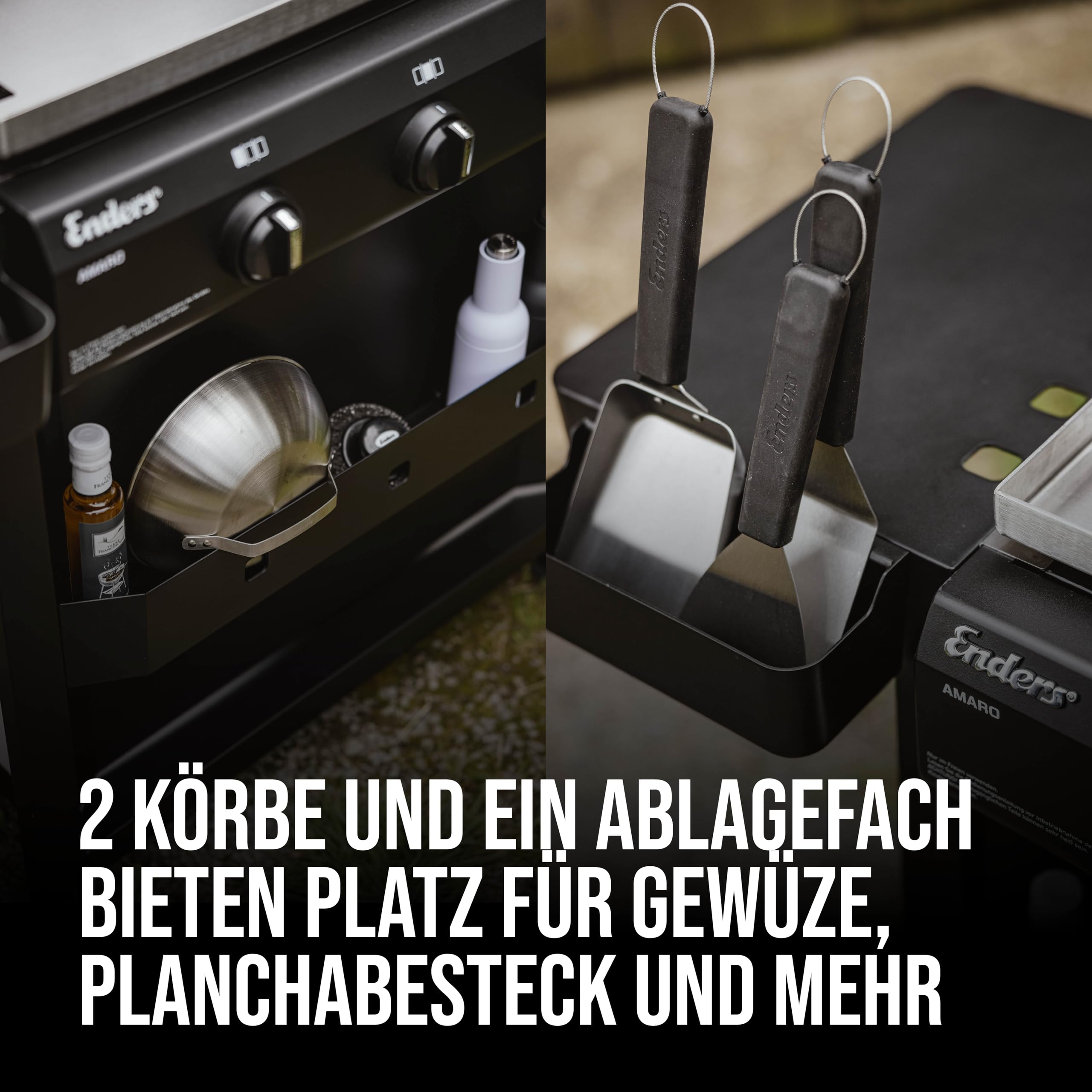 Enders AMARO 3 Plancha Gasgrill Griddle, 3 Edelstahlbrenner, massive Edelstahl-Plancha mit Tragegriffen, große Grillfläche, abnehmbare Haube, 4 Haken, abnehmbare Körbe, Ablagefach #82216