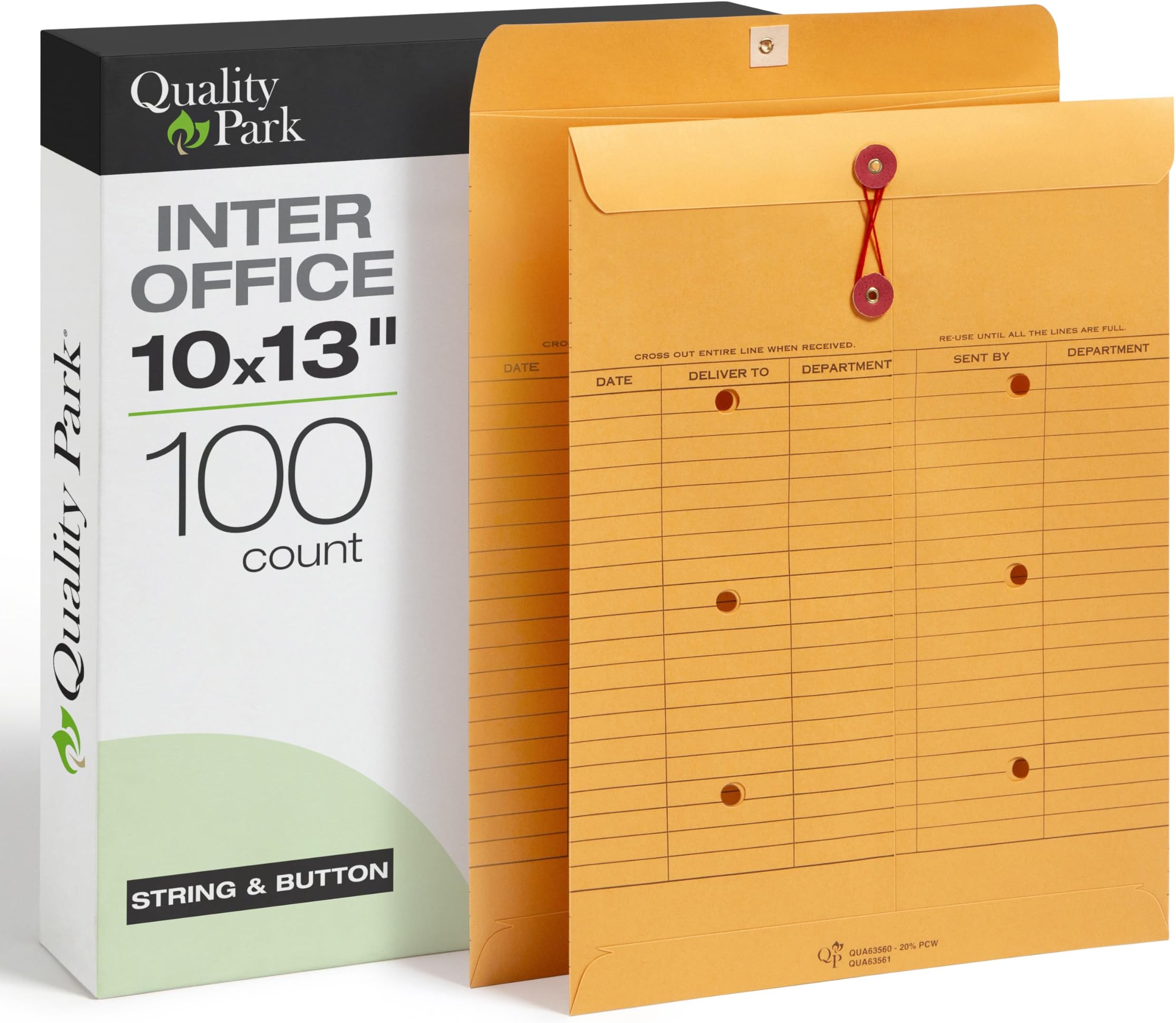 Quality Park 10 x 13 Interoffice Envelopes, 100 Pack, Inter office Routing Envelopes with String & Button Closure, 28 lb Brown Kraft, Reusable Document Mailers