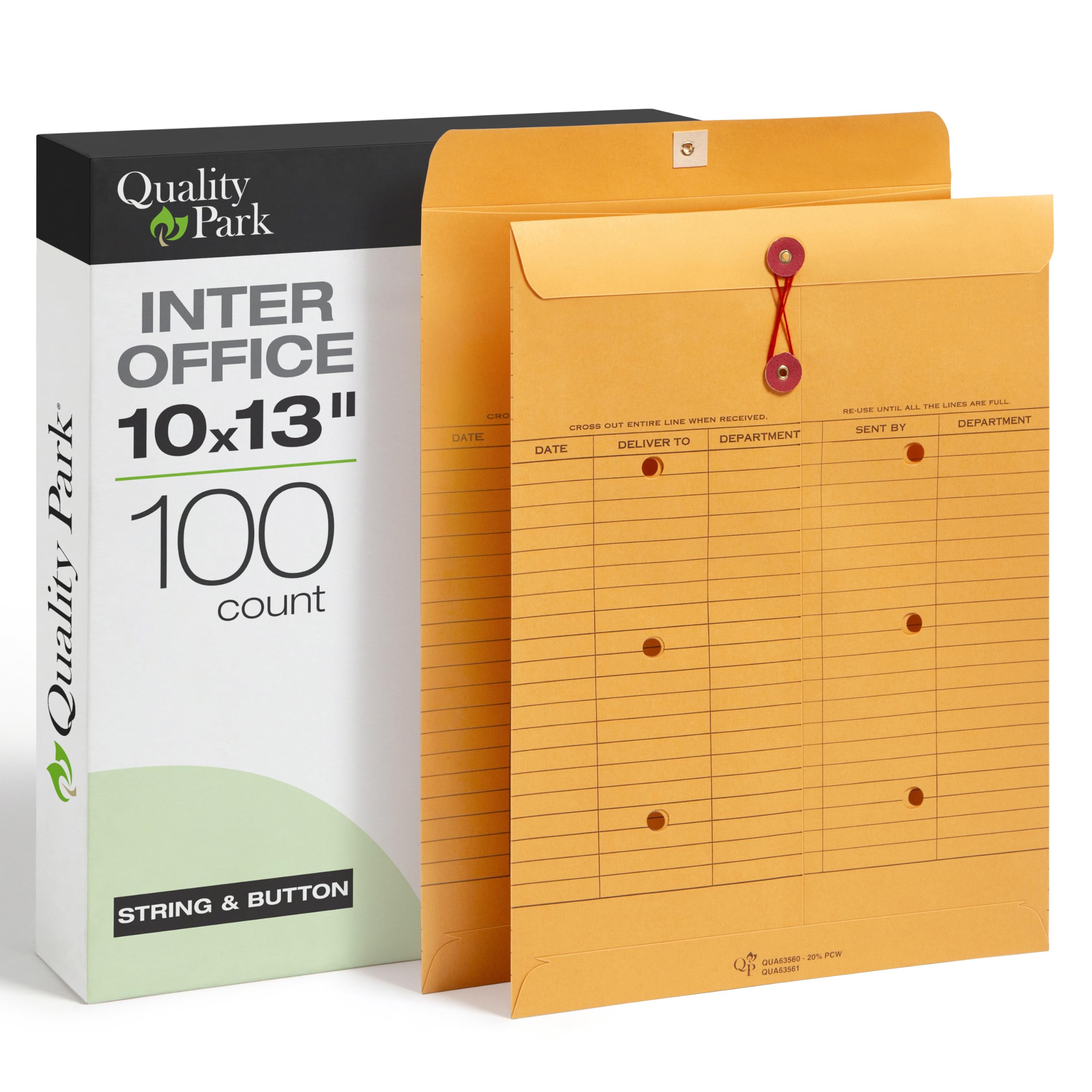 Quality Park Enveloppes Interoffice 63561, Lot de 100, Kraft Marron 10x13 cm avec Ficelle et Bouton
