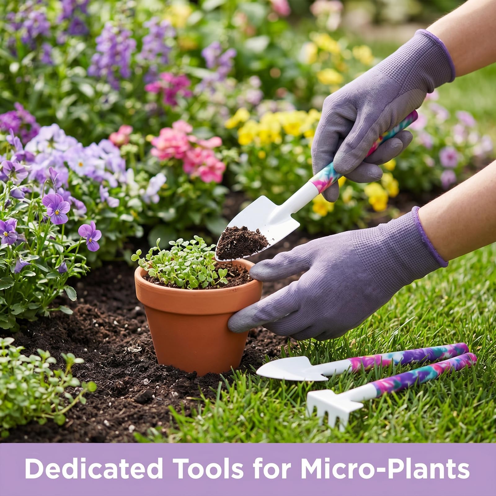 Outils Jardinage, Kit 10 Pièces avec Mallette, Motif Violet