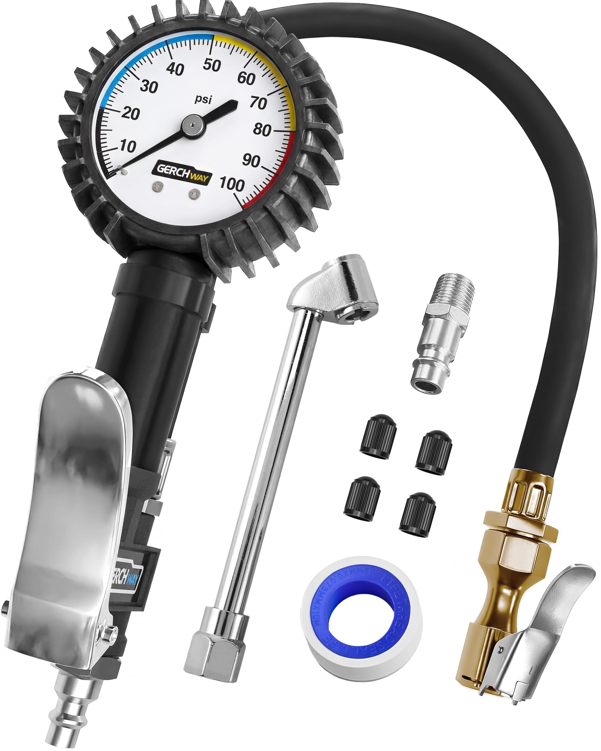 Tire Inflator with Pressure Gauge and Longer Hose - Most Accurate, Heavy Duty Air Chuck with Gauge for Air Compressor Tire Inflator Attachment - 100PSI
