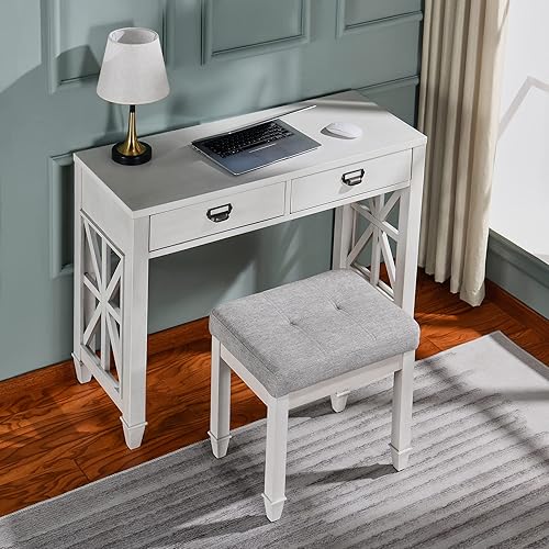 Miniatura 2 de Taburete de tocador con pata de madera maciza, banco de tocador de maquillaje con asiento tapizado de tela, taburetes de banco de piano, taburete