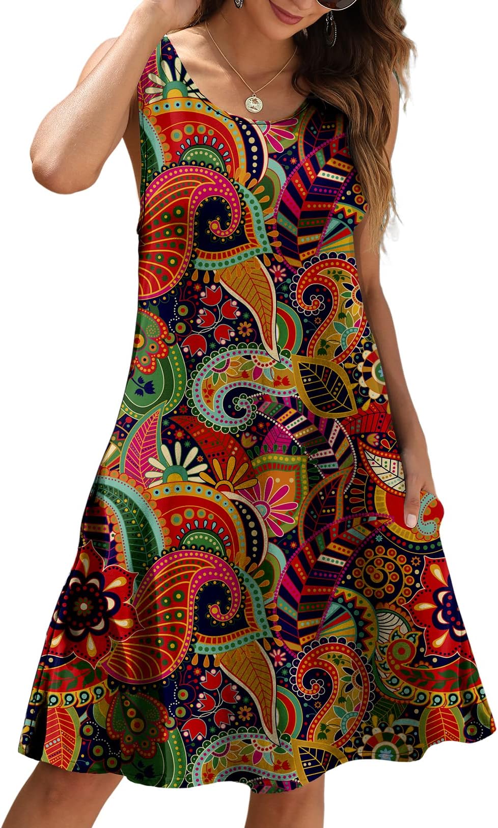 CHERFLYWomen Casual T-Shirt Summer Dresses Floral Bohemian Dress Swing Boho Sundress Sleeveless with Pockets