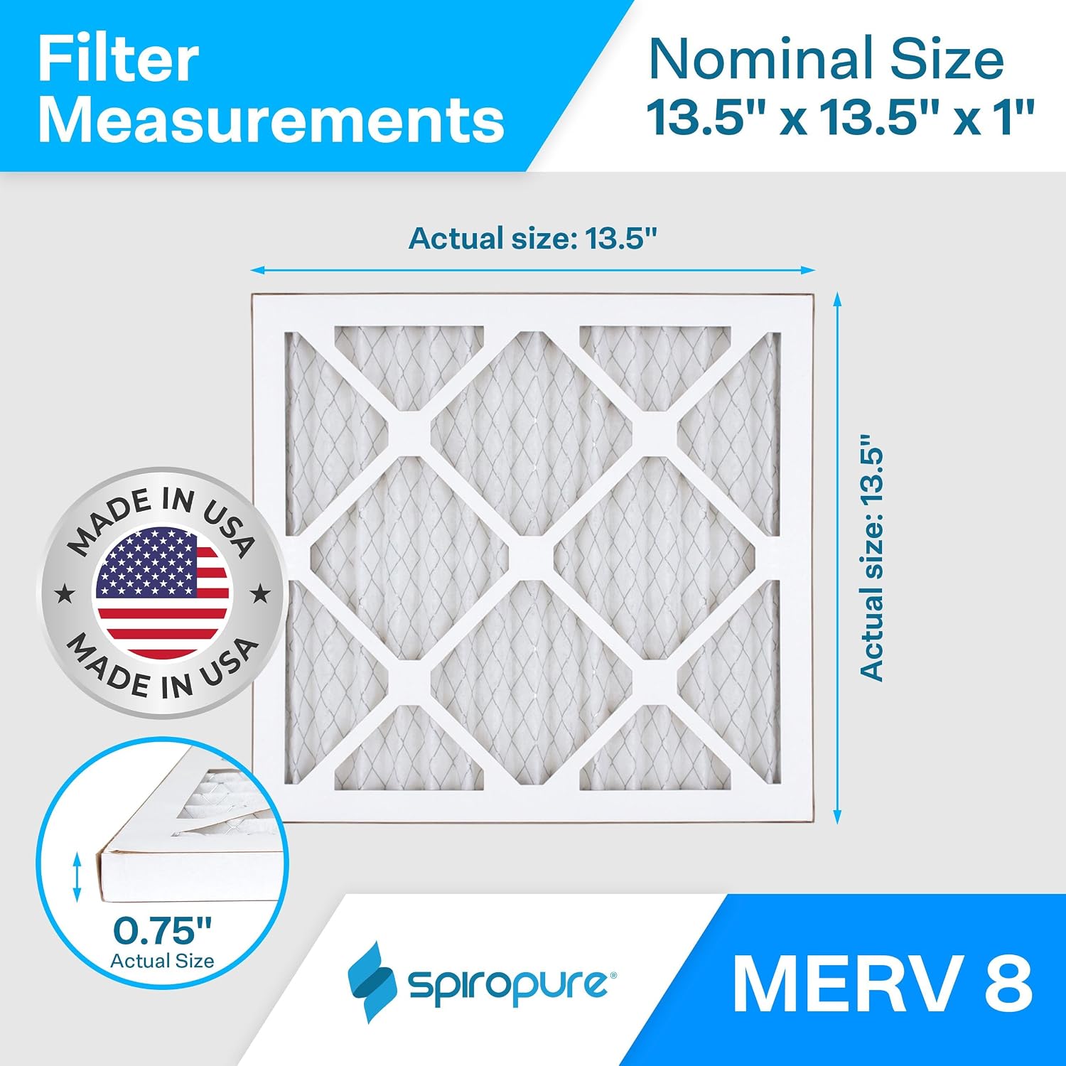 SpiroPure 13.50X13.5X1 MERV 8 Pleated Air Filters - Made in USA (6 Pack)