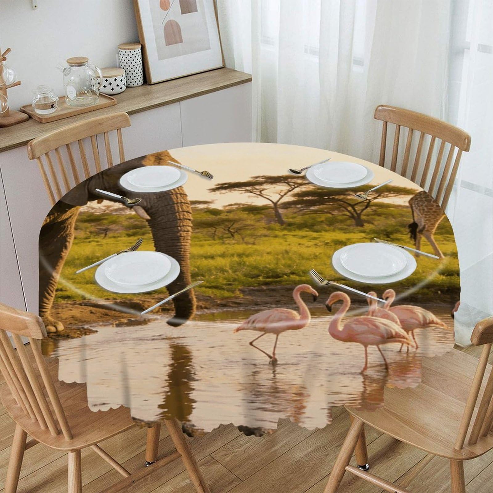 Khauerbc Style Elephant, Flamingo, Giraffe Round Tablecloths,Spill Proof,Polyester Fabric Washable Table Cloth Cover For Dining Wedding And Outdoor,Soft Toching And Easy Clean