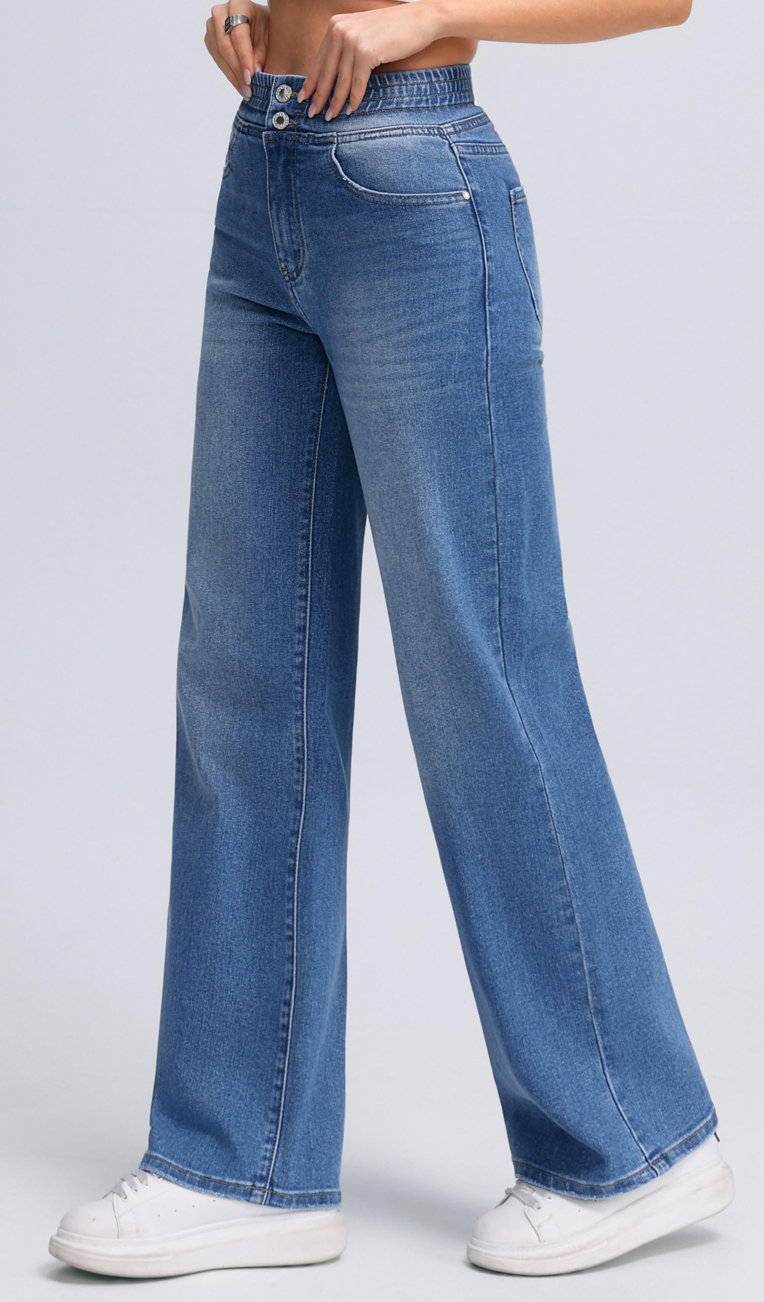 Jeans Donna Vita Elasticizzata con Coulisse Gamba Larga Denim Lavaggio Chiaro Casual Morbidi Tempo Libero