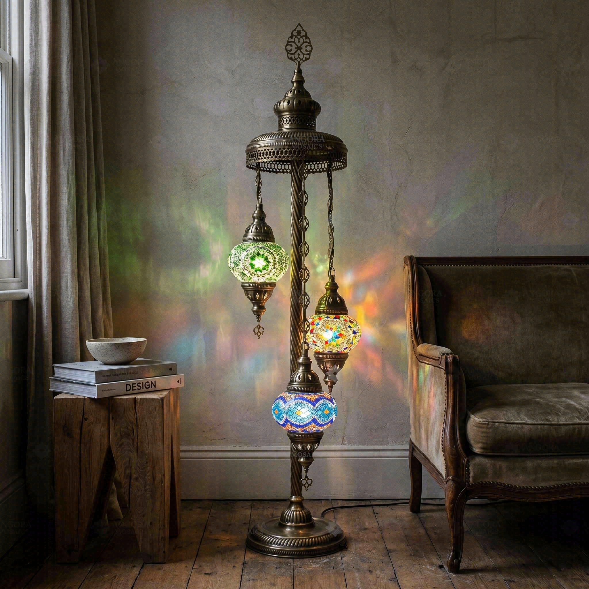 ENVA Multicolor Turkish Mosaic Floor Lamp - Handmade 3 Globe Standing Light - Moroccan Boho Decor - Antique Brass Finish