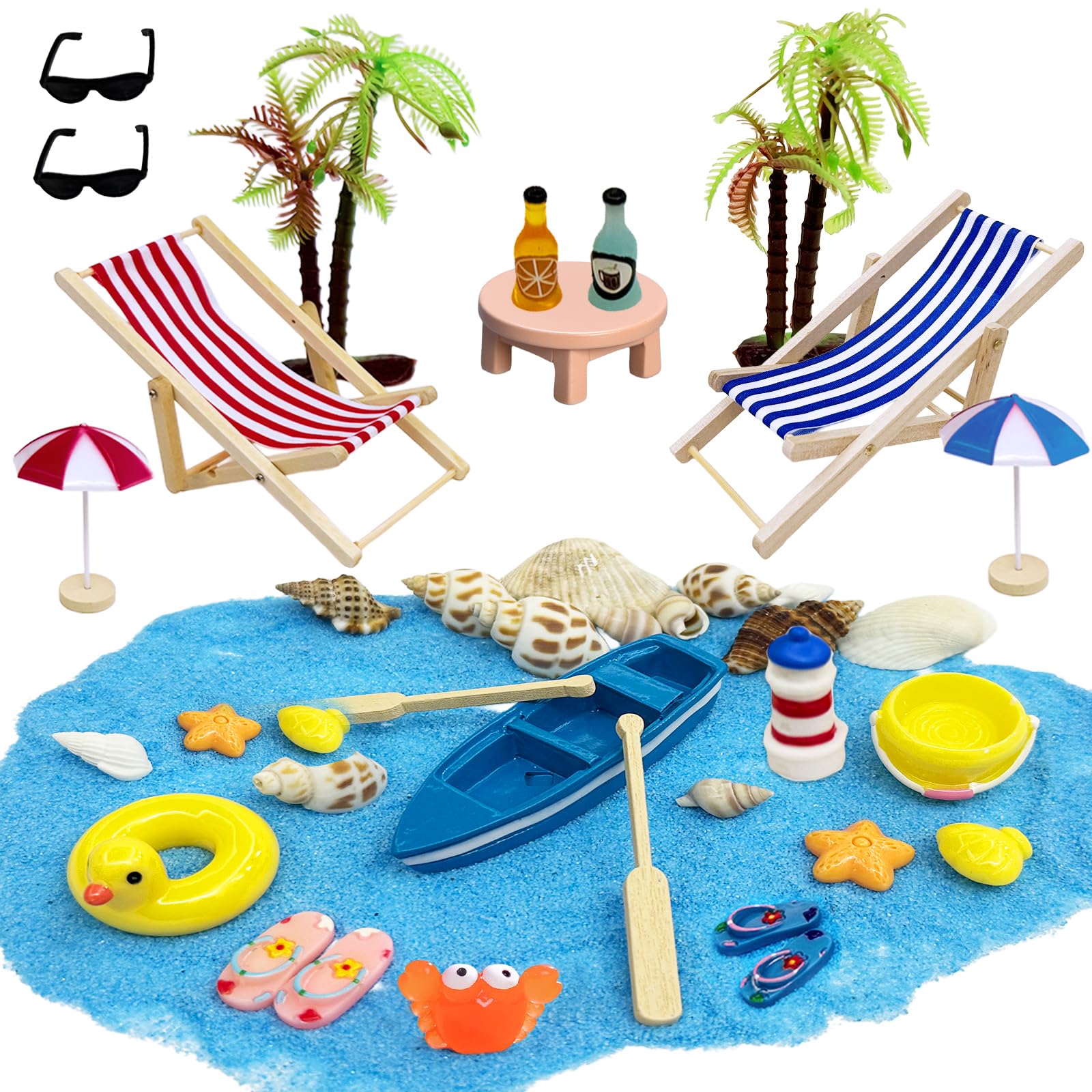 29 Stück Strand-Mikrolandschaft Miniatur Dekoration, DIY Mini-Strand Dekorationen, Strandkorb Sonnenschirm Kleine Palme Segelboot Leuchtturm Muschel Deko, für DIY Garten-Deko Puppenhaus Dekoration