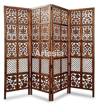 Artesia Traditional Handcrafted 4 Panel Wooden Partition Screen/Room Divider (Brown)