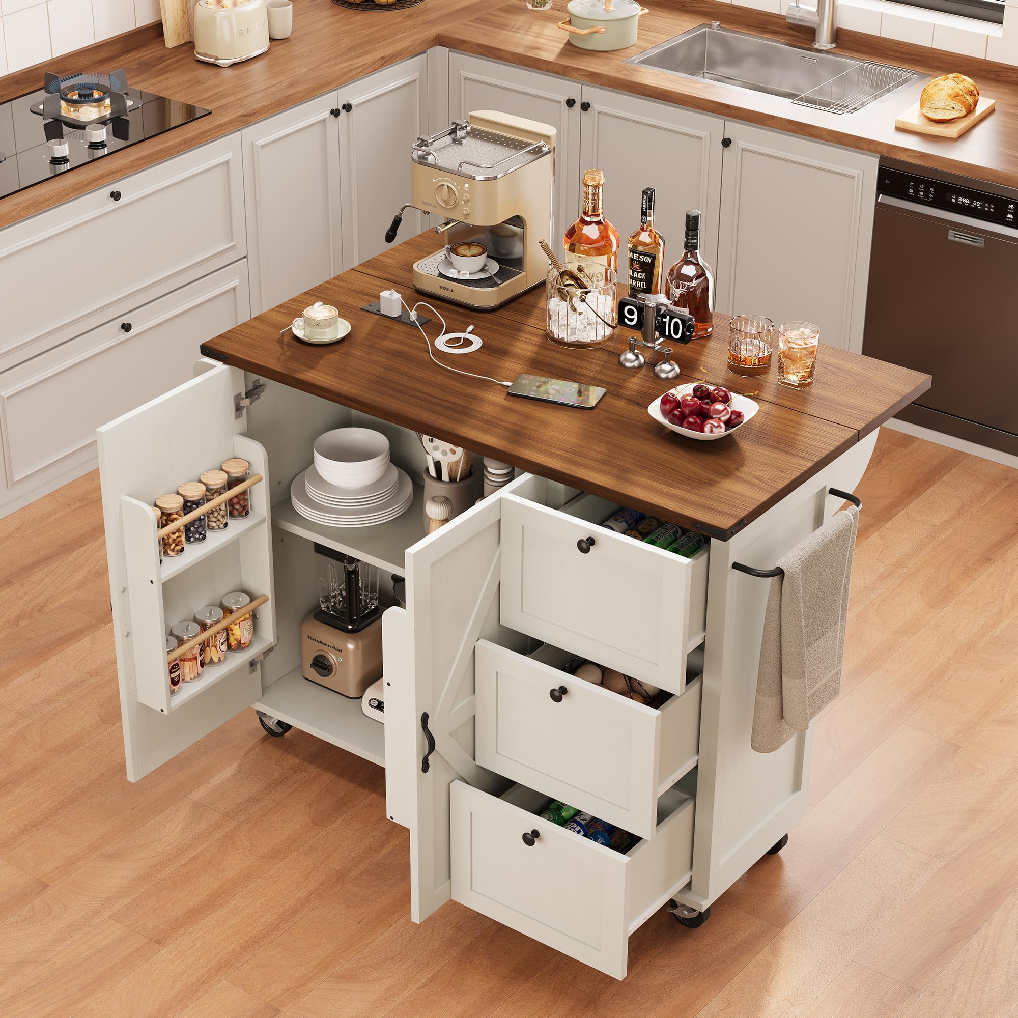JVNOXK 54.5" Kitchen Island On Wheels with Power Outlets, Rolling Kitchen Cart with Drop Leaf Countertop, Kitchen Island Table with Storage Cabinet &